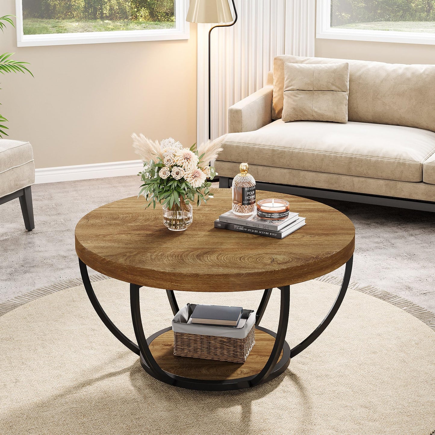 Tribesigns Round Coffee Table, 31.7" Wooden 2-Tier Circle Coffee Table with Storage Shelves, Modern Accent Cocktail Table Center Table for Living Room, Grey