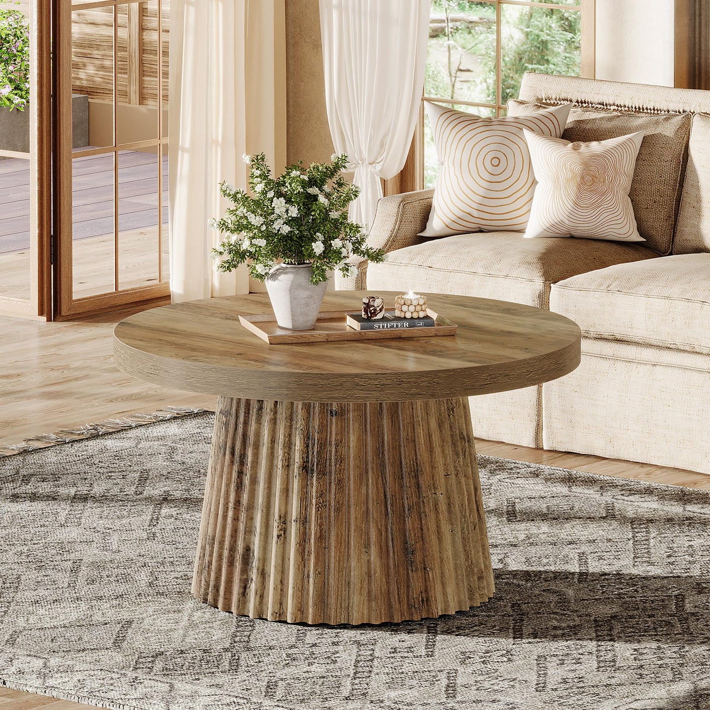 Tribesigns Coffee Table, 31.5" Small Farmhouse Round Coffee Tables with Fluted Drum Base, Mid Century Modern Boho Accent Center Table for Living Room, Apartment, Small Space, Brown