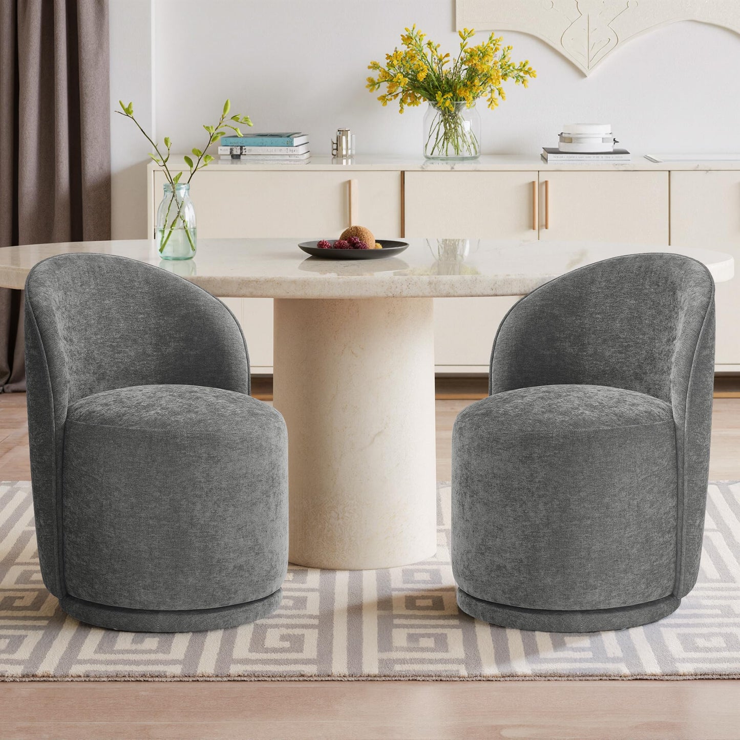 Swivel Barrel Dining Chairs Set of 2, Faux Leather Upholstered Round Dining Chairs, 360° Swivel Vanity Chair Comfy Armless Accent Makeup Chair for Dining/Living Room Makeup Room, Brown