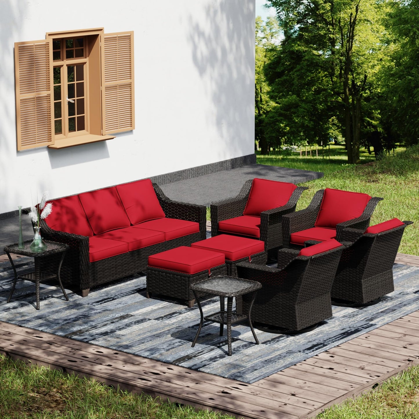 Joyside Patio Sofa - 3 Seater Rattan Sofa, All Weather High Back Sofa, Upgraded Large Size with 4inch Seat Cushions for Backyard, Garden, Poolside (Brown/Blue)