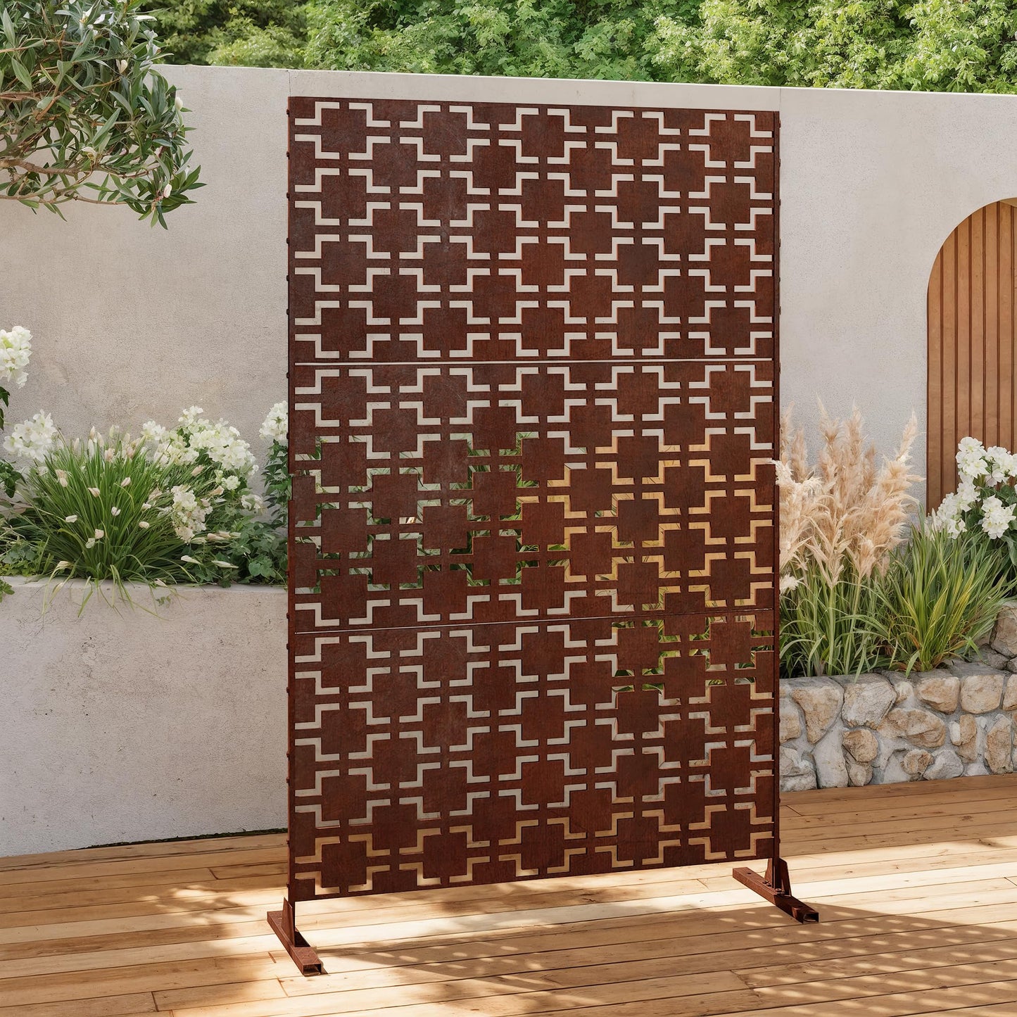Outdoor Metal Privacy Screen with Stand, 72" H x 47" W Freestanding Outdoor Patio Divider, Decorative Patio Privacy Fence Panel for Garden Backyard Balcony Porch (Brown-Crossbanding)