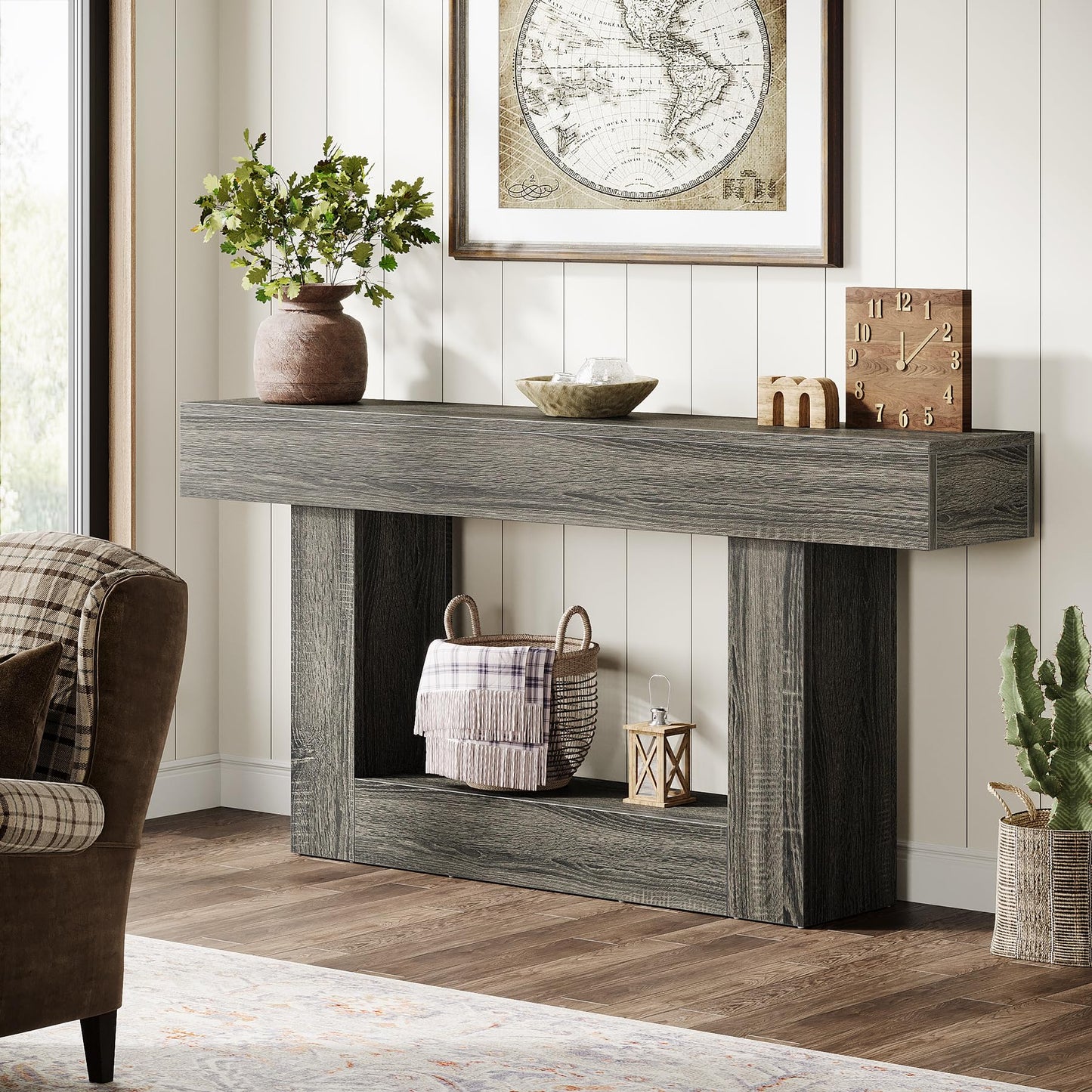 Tribesigns 63" Console Table, Farmhouse 2-Tier Entryway Table with U-Shaped Base, Narrow Long Wood Sofa Table Behind Couch Table for Living Room, Hallway, Foyer, Vintage Brown & Gray | Farmhouse