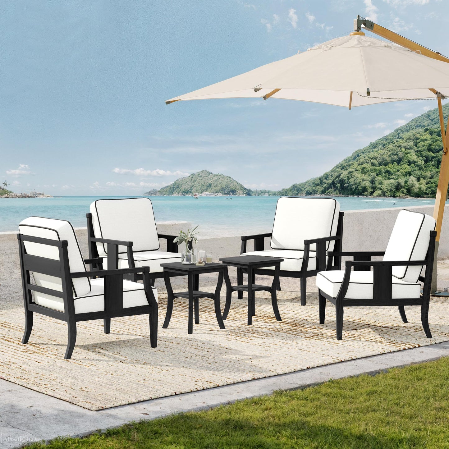 Outdoor Patio Armchairs Set of 2, All-Weather Solid Wood Patio Furniture Sets, Outdoor Sofa Chairs with Washable Thick Cushions for Porch, Balcony, Deck, Black Frame & Gray Cushion