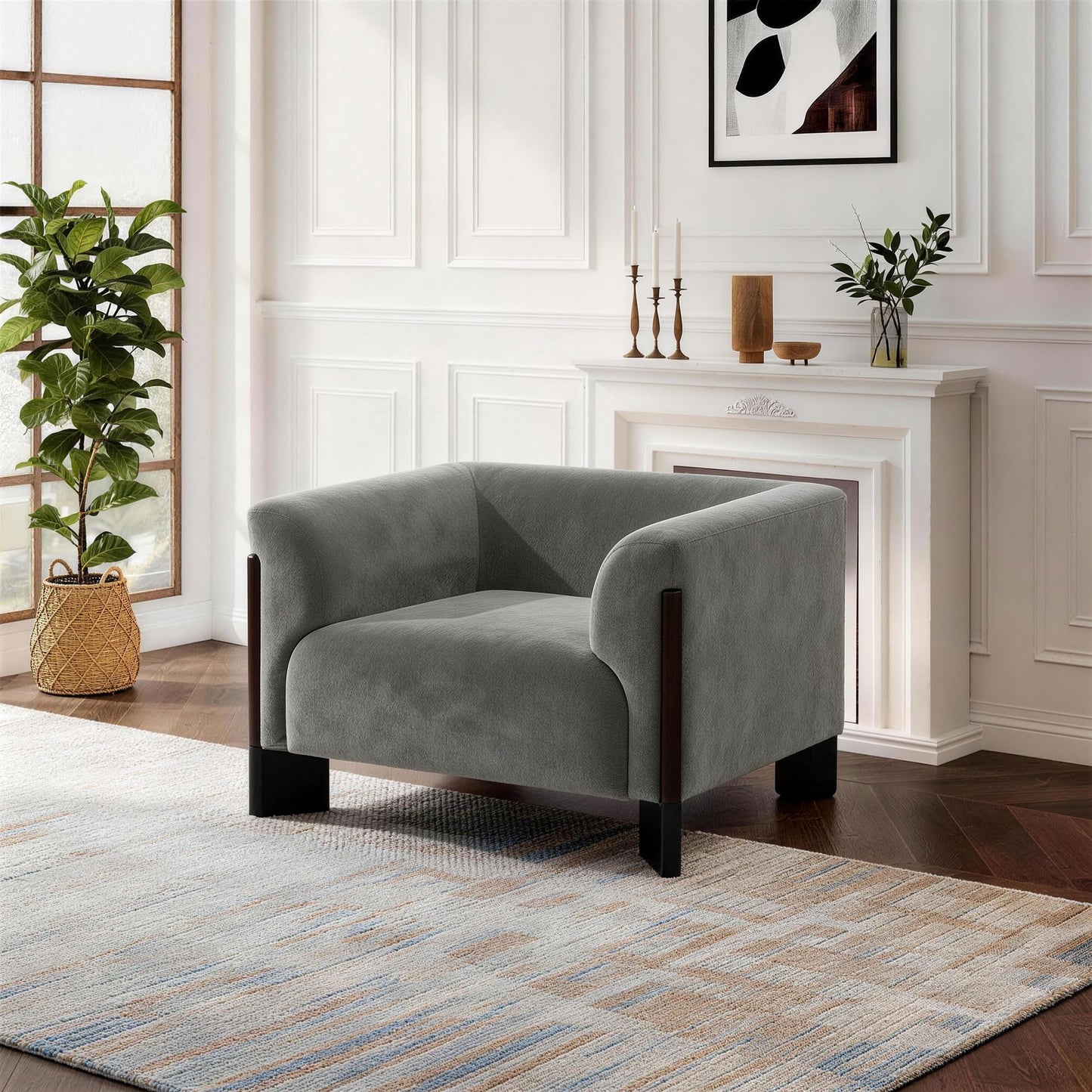 Oversized Accent Chair, Chenille Fabric Upholstered Club Chair for Living Room, 41" Width Single Sofa Chair with Curved Handrail and Solid Wood Legs, Modern Arm Chair for Bedroom Home, Gray