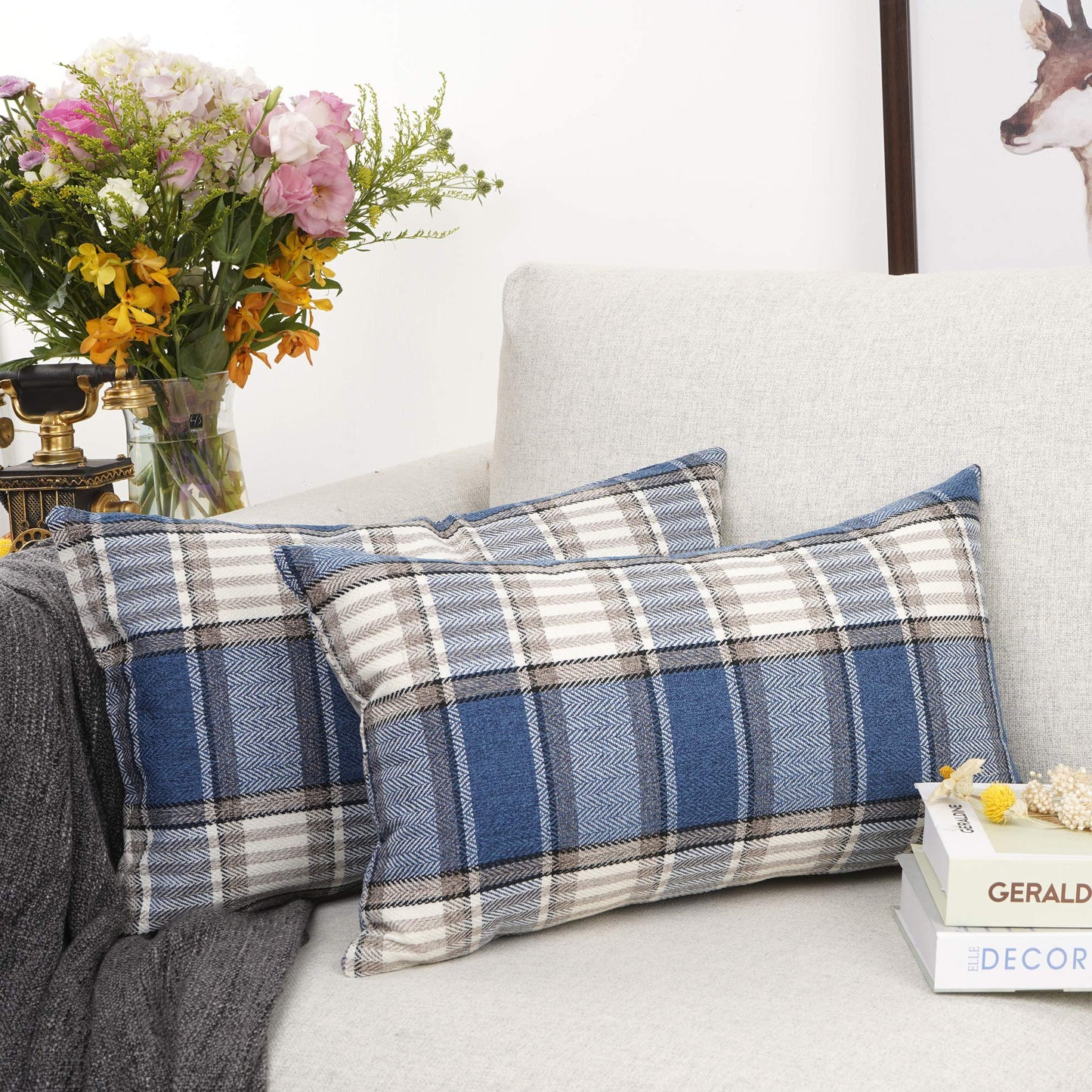 YOUR SMILE Retro Farmhouse Outdoor Buffalo Tartan Chequer Plaid Cotton Linen Decorative Throw Pillow Case Cushion Cover Pillowcase for Sofa 18 x 18 Inch, Set of 2, Khaki/Stripe