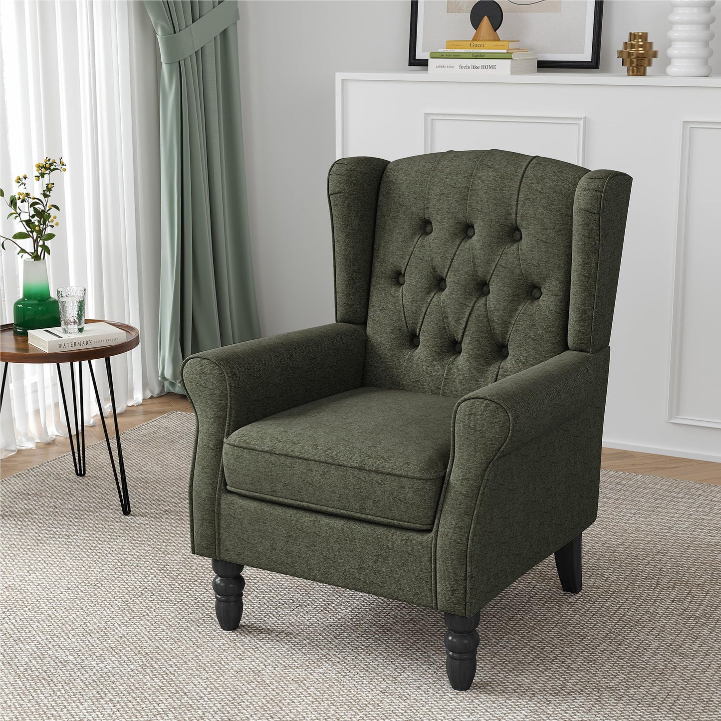Faux Leather Wingback Chairs Set of 2, High Back Accent Chair for Living Room, Button-Tufted Upholstered Armchair with Solid Wood Legs, Comfy Reading Chair for Bedroom, Brown