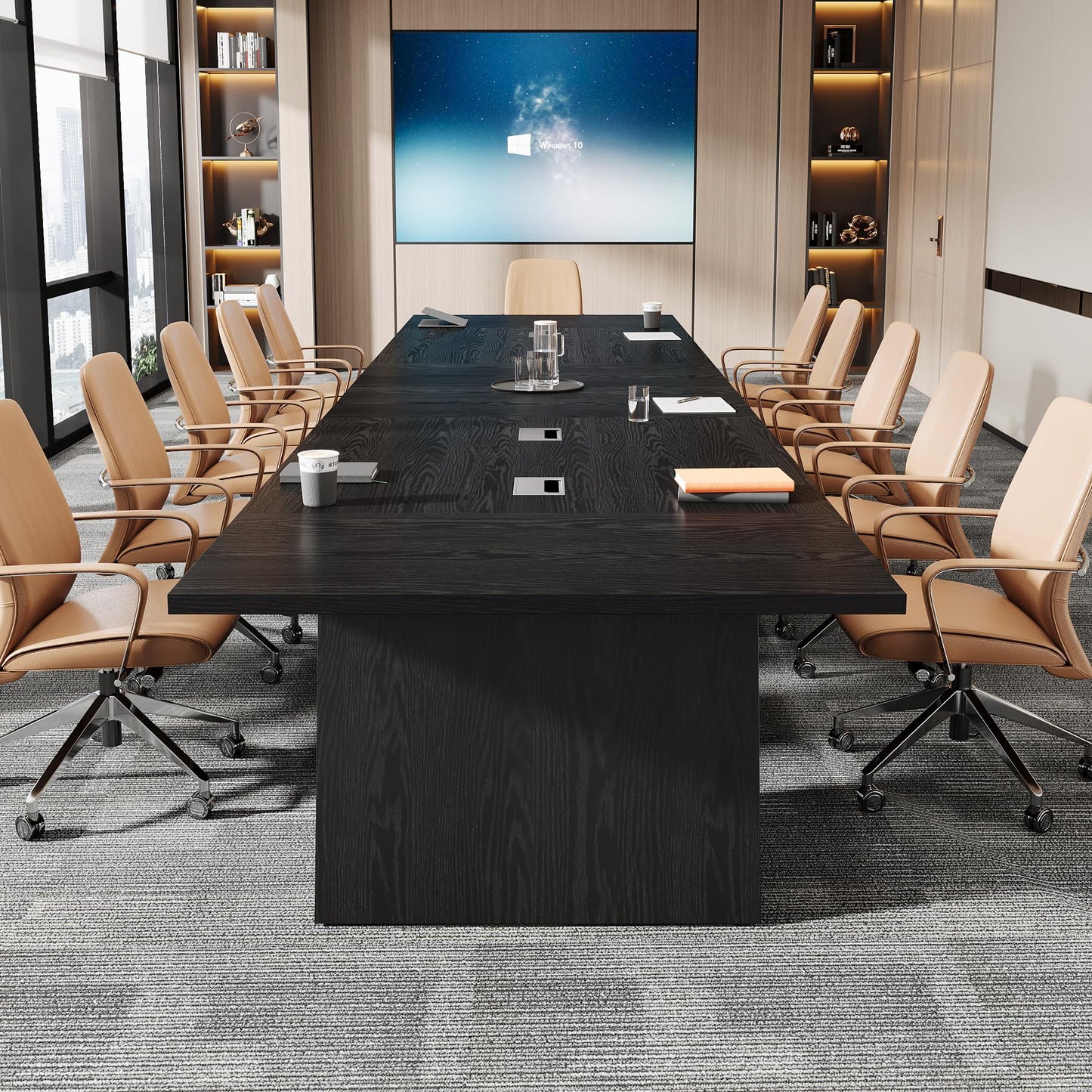 Tribesigns 8ft Conference Table, Modern Office Meeting Room Desk with Cable Management, Large Business Furniture for Boardroom, Conference Room (1, Walnut + Black)