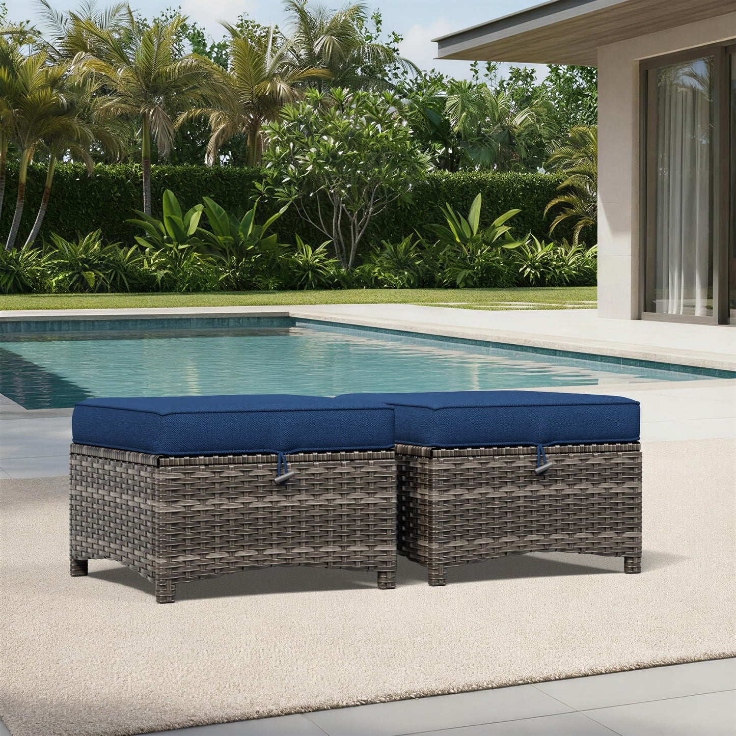 Joyside Outdoor Ottoman Set of 2, Patio Large Ottoman Foot Rest with Thickened Cushions, Outdoor Wicker Foot Stool for Porch, Deck Use