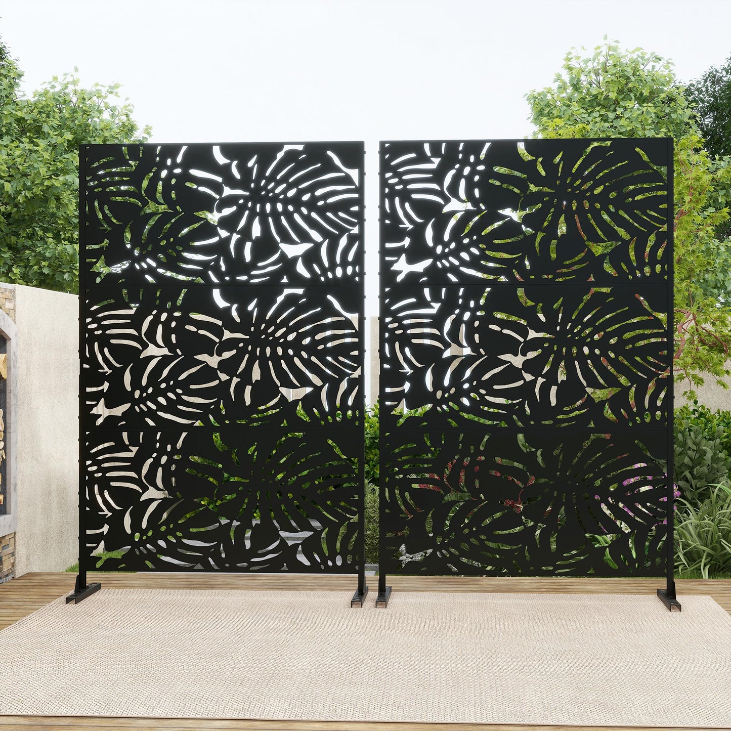 Outdoor Metal Privacy Screen with Stand, 72" H x 47" W Freestanding Outdoor Patio Divider, Decorative Patio Privacy Fence Panel for Garden Backyard Balcony Porch (Brown-Crossbanding)