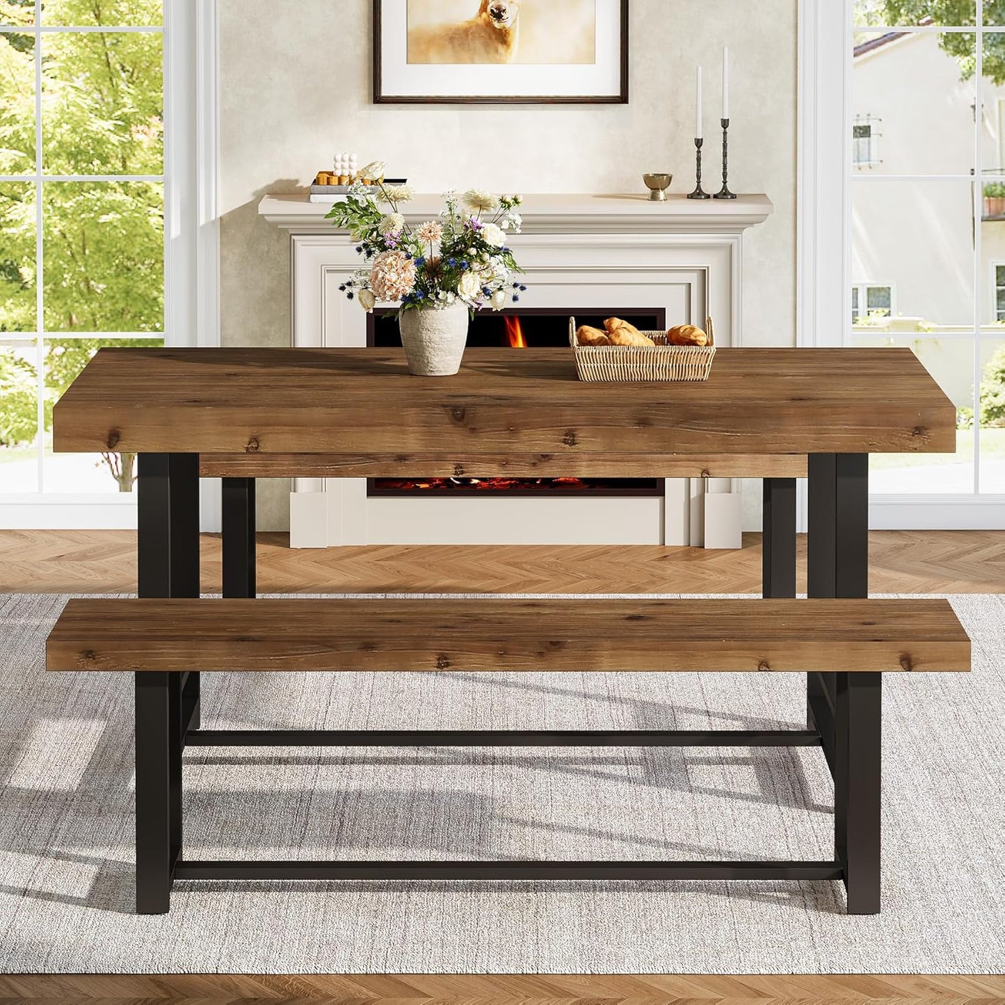 Solid Wood Dining Table Set for 4-6, 55.12" Industrial Farmhouse Kithcen Table with 2 Benches, Space Saving 3-Piece Rectangle Dinette Set & Chairs for Dining Room, Breakfast Nook, Small Space