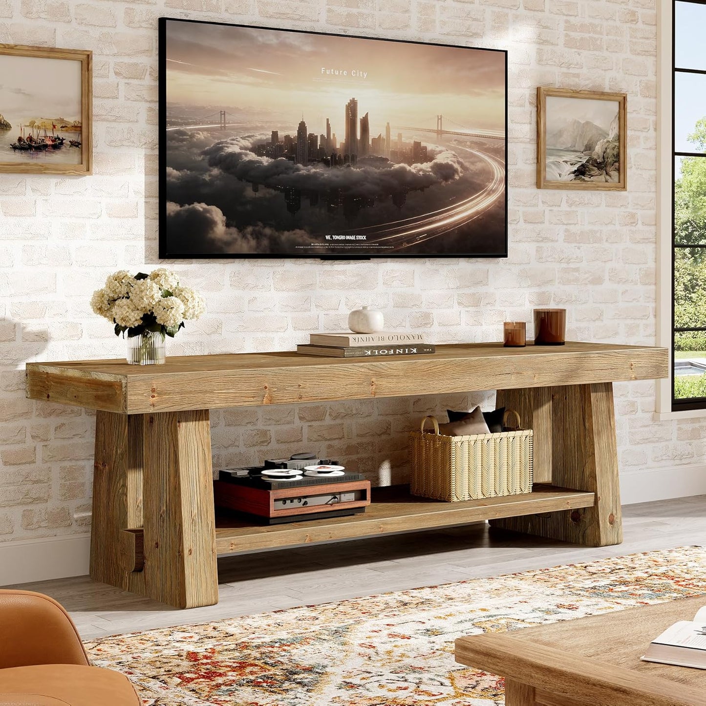 63-Inch Solid Wood TV Stand, 2-Tier Farmhouse Entertainment Center with Open Storage Shelves, TV Consoles for Living Room Bedroom, Wood Television Console for TVs up to 75 Inches