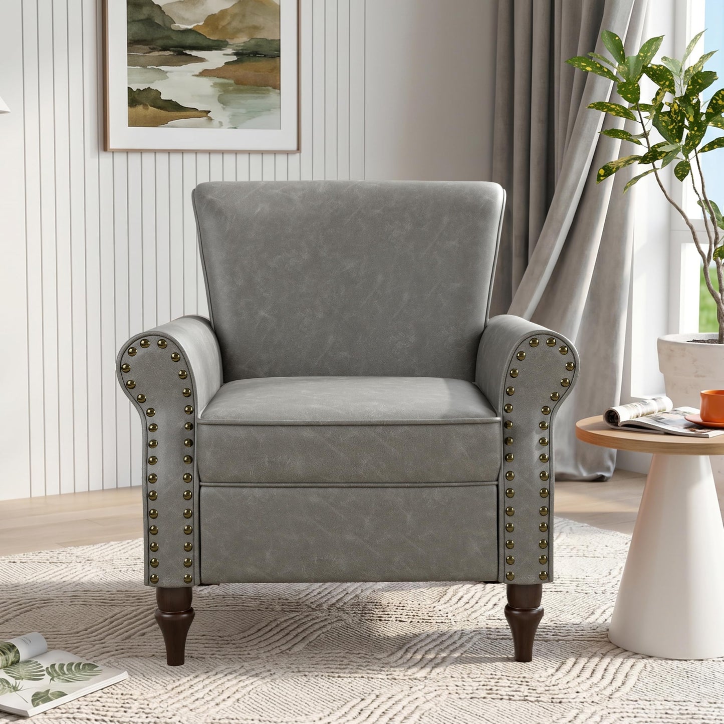 Wingback Accent Chairs Set of 2, Mid-Century Modern Upholstered Armchair Living Room Chair with Nailhead Trim & Rolled Armrest, Comfy Lounge Chair Single Sofa Chair for Bedroom, Light Blue