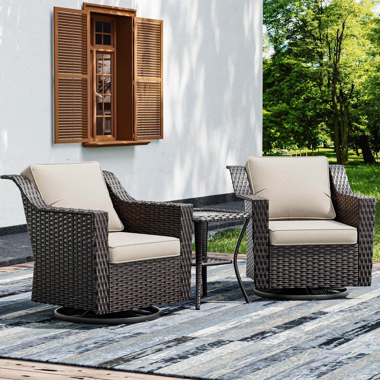 Joyside Patio Sofa - 3 Seater Rattan Sofa, All Weather High Back Sofa, Upgraded Large Size with 4inch Seat Cushions for Backyard, Garden, Poolside (Brown/Blue)