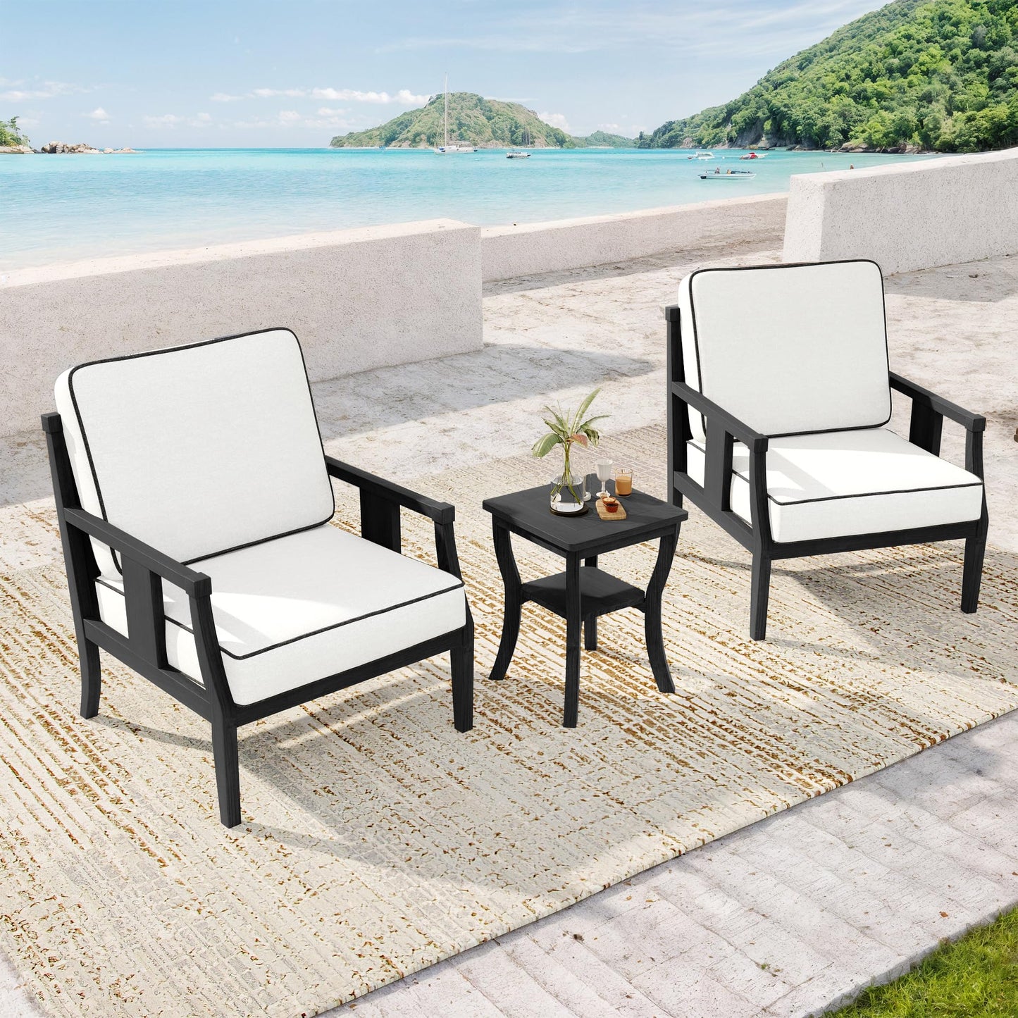 Outdoor Patio Armchairs Set of 2, All-Weather Solid Wood Patio Furniture Sets, Outdoor Sofa Chairs with Washable Thick Cushions for Porch, Balcony, Deck, Black Frame & Gray Cushion