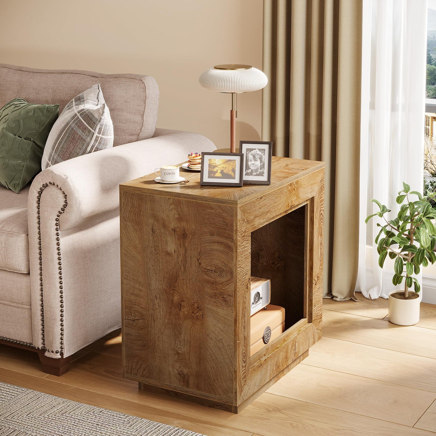 Tribesigns Rustic Wood End Table, 2 Tiered Square Side Table with Storage Shelf, Industrial Sofa Side Table for Living Room, Entrance (Rustic Brown) (1)