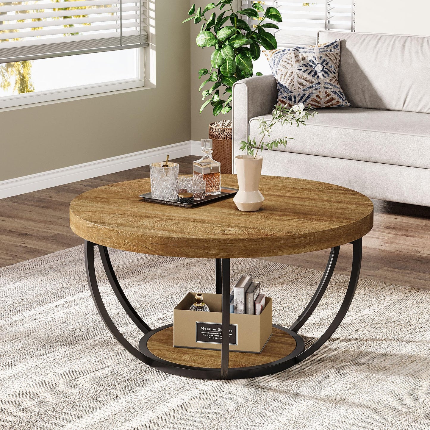 Tribesigns Round Coffee Table, 31.7" Wooden 2-Tier Circle Coffee Table with Storage Shelves, Modern Accent Cocktail Table Center Table for Living Room, Grey
