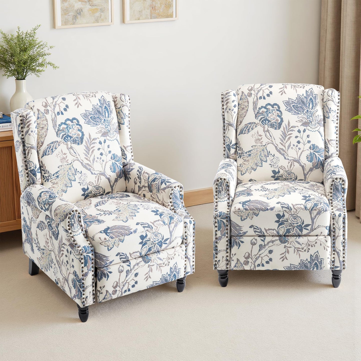 Pushback Recliner Chair, Printed Fabric Wingback Recliner Chair for Living Room, Upholstered Armchair Push Back Recliner with Wood Legs, Rivet Trim Wingback Accent Chair for Bedroom, Navy