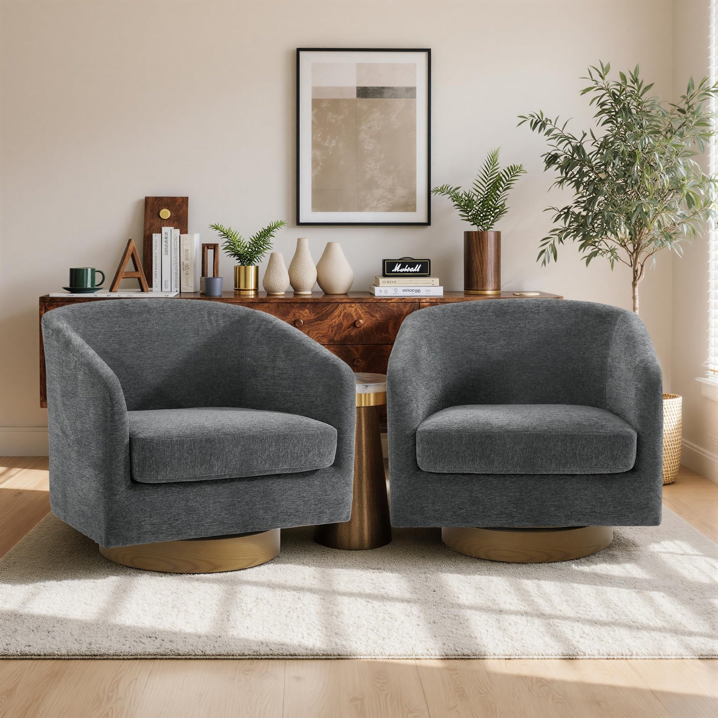 Swivel Barrel Chairs Set of 2, 31" W Modern Faux Leather Round Swivel Accent Chair for Living Room, 360° Rotation Upholstered Armchair Club Chair for Bedroom, Reading Room, Office (Brown)