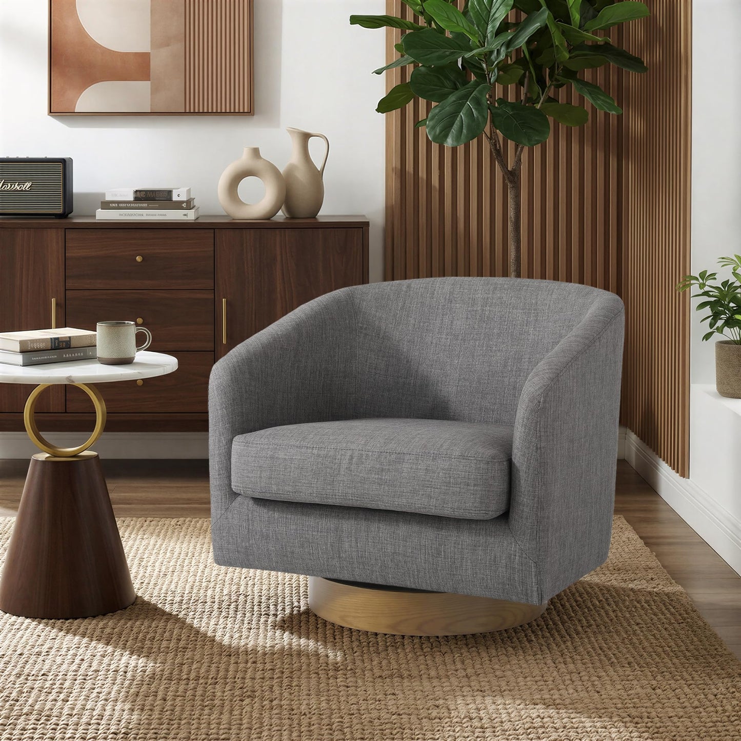 Swivel Barrel Chairs Set of 2, 31" W Modern Faux Leather Round Swivel Accent Chair for Living Room, 360° Rotation Upholstered Armchair Club Chair for Bedroom, Reading Room, Office (Brown)