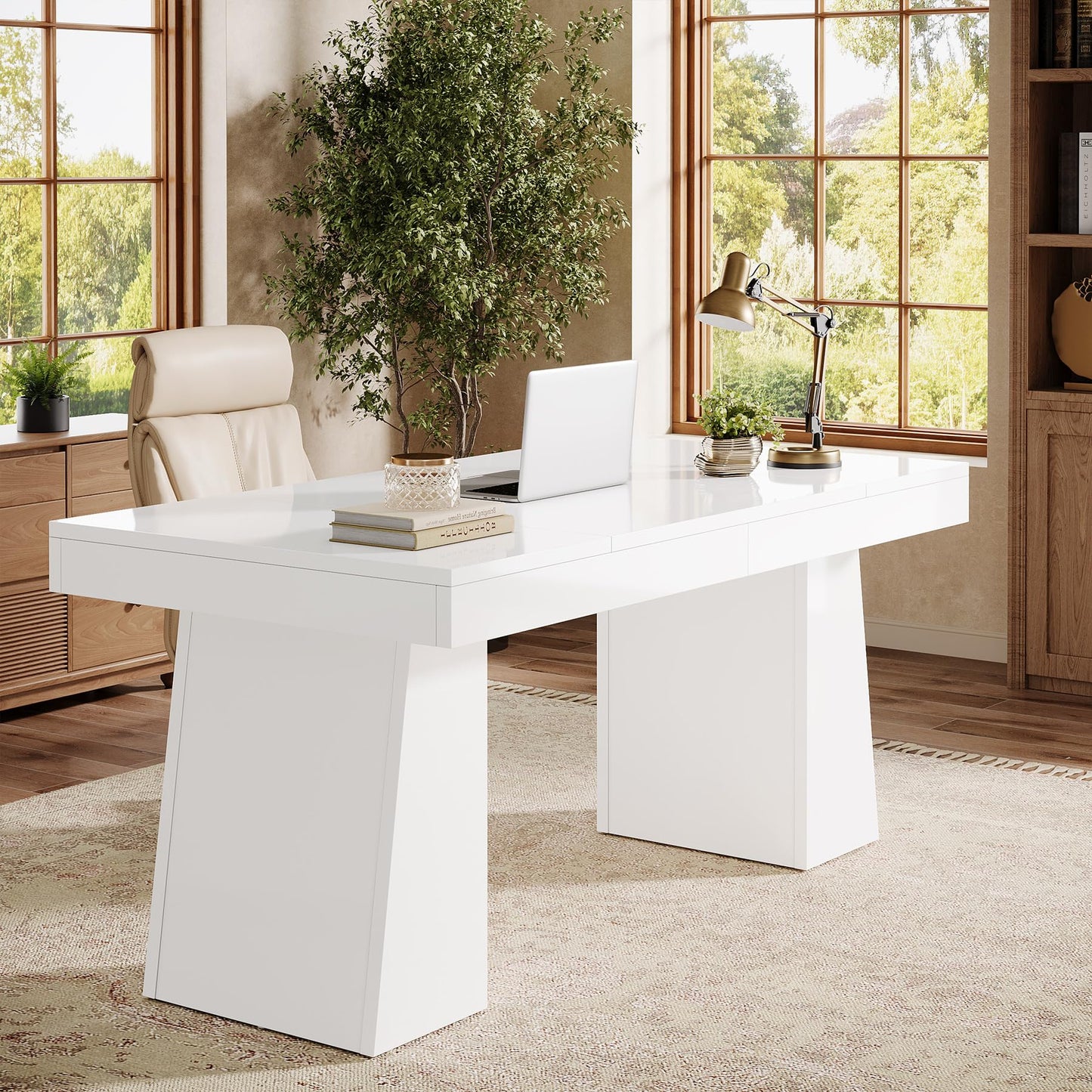 Tribesigns 55" Executive Desk, Wooden Office Desk with Double Pedestal, Modern Simple Computer Writing Table for Home Office, Light Brown