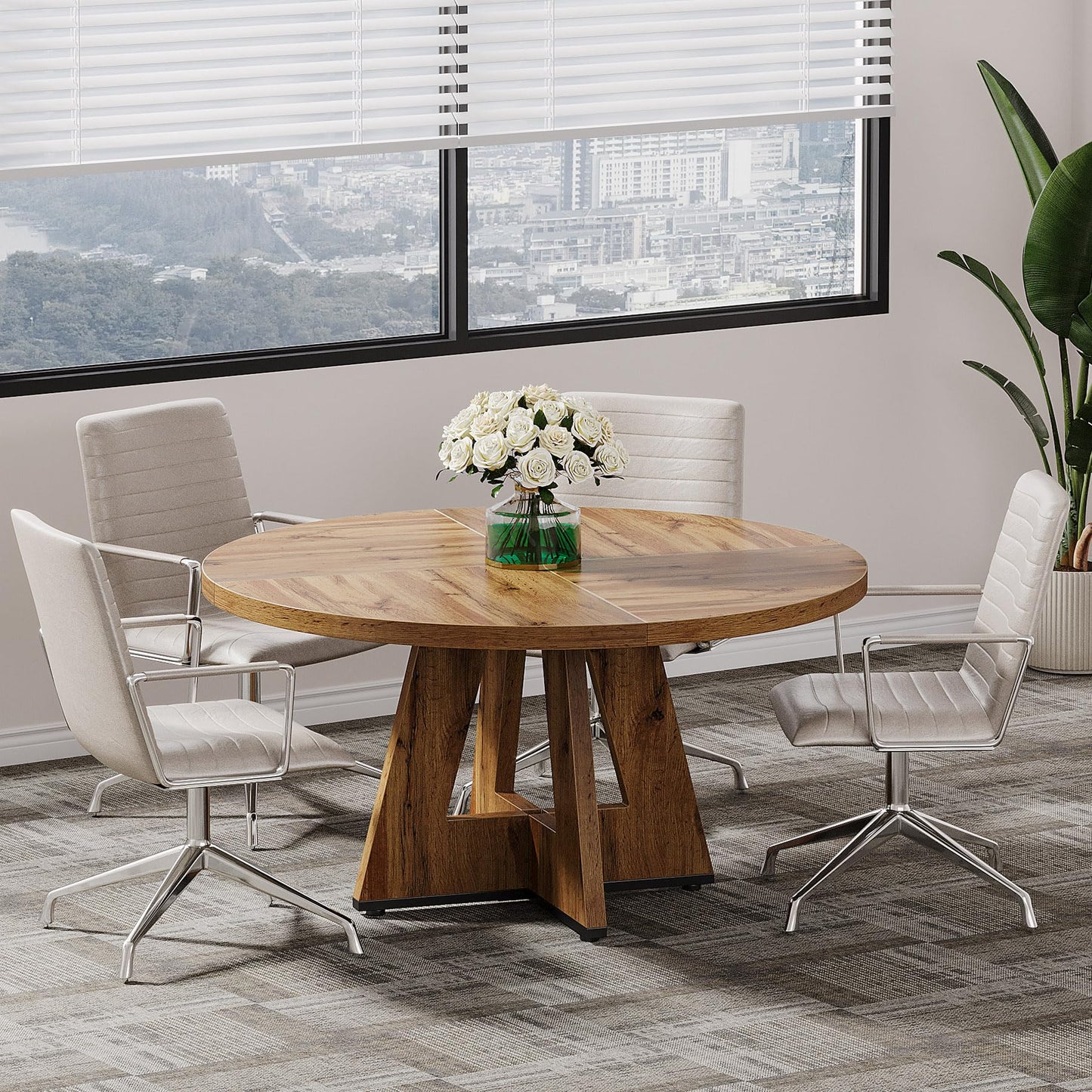 Tribesigns 47-Inch Round Conference Table for 4-6 People, Wooden Meeting Room Table with Thicken Tabletop and Wood Base (Grey)