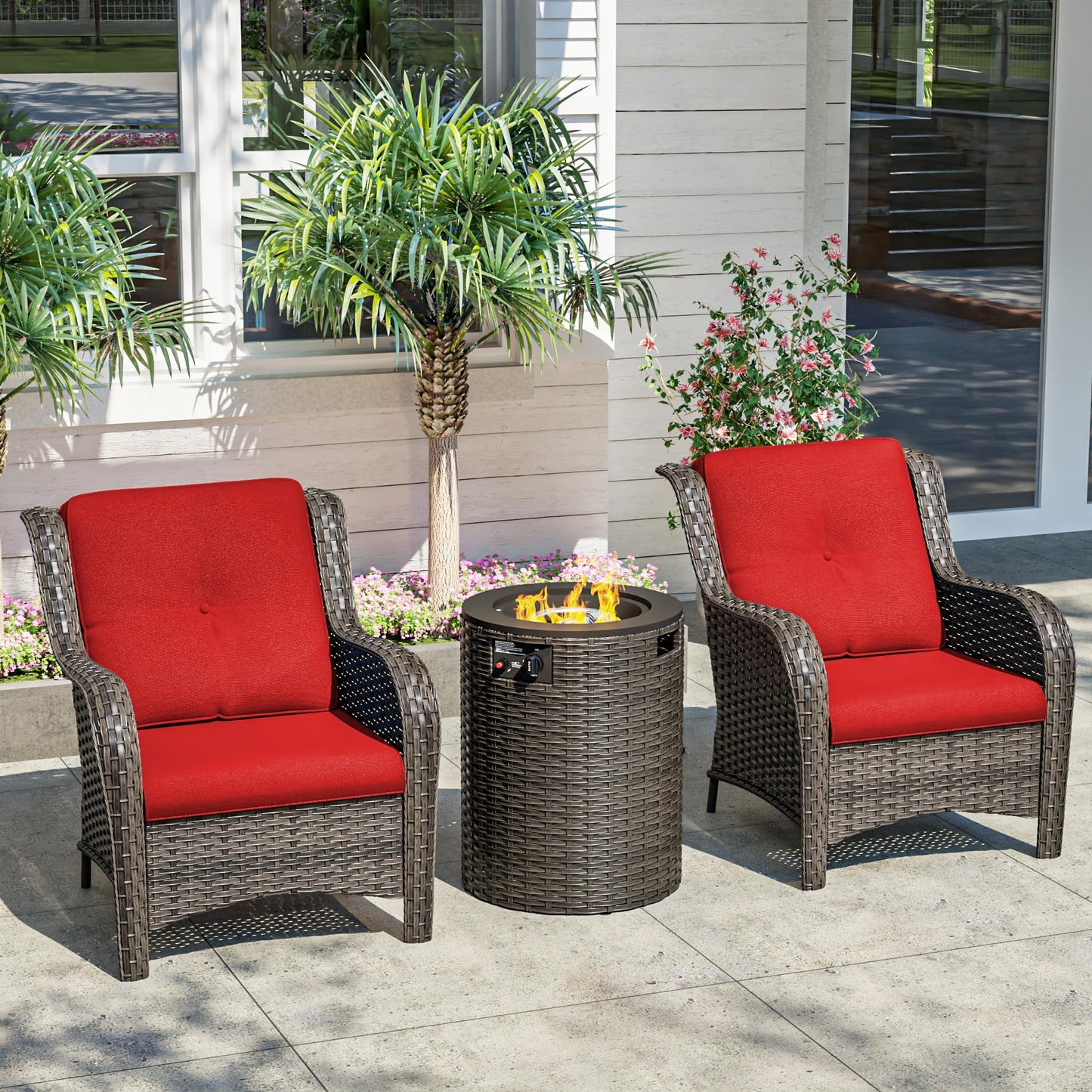 Joyside Patio Furniture Set with Fire Pit Table, 3 Piece Outdoor Wicker Conversation Sets with High Back, Thickened Cushions, Rattan Sectional for Porch, Lawn Use (Red)
