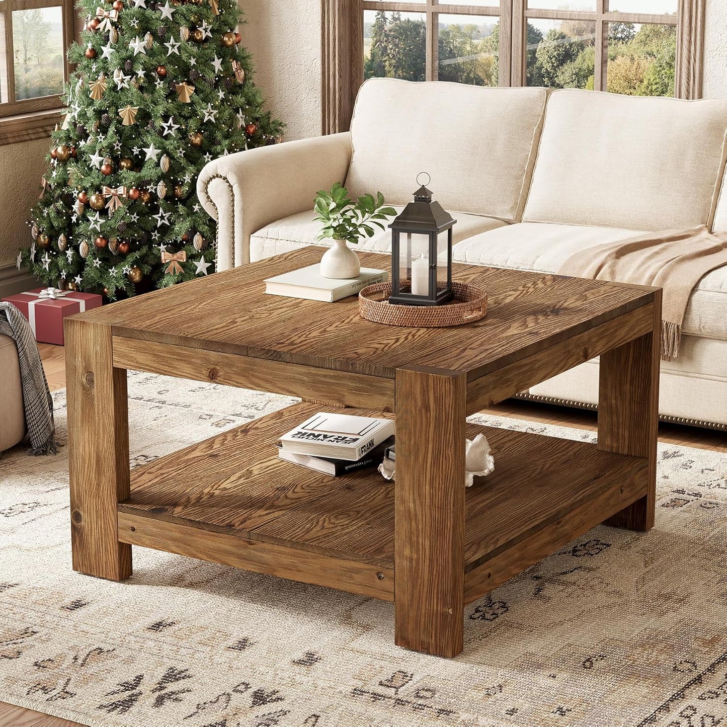 Solid Wood Coffee Table, 31.5" Square Farmhouse Center Table with Storage Shelf for Living Room, 2-Tier Cocktail Accent Tea Furniture for Small Space, Office, Rustic Brown