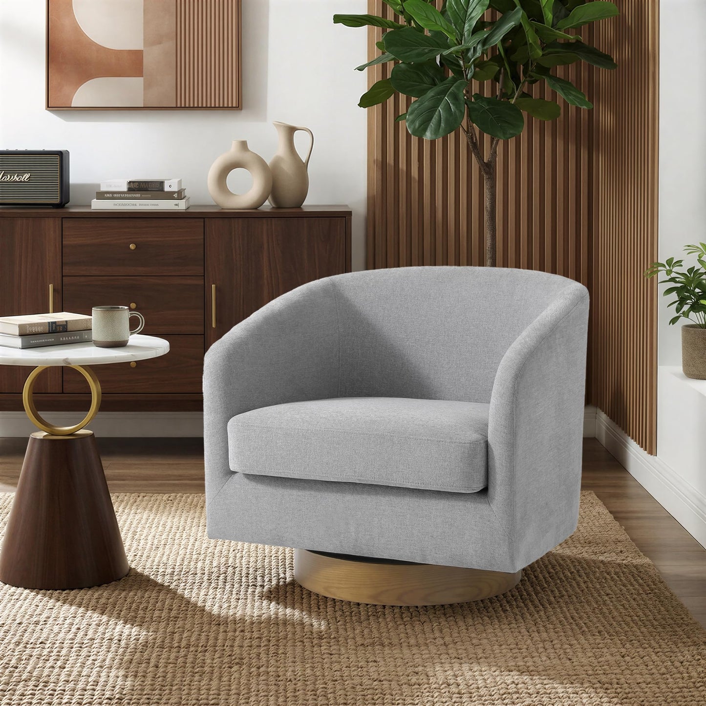 Swivel Barrel Chairs Set of 2, 31" W Modern Faux Leather Round Swivel Accent Chair for Living Room, 360° Rotation Upholstered Armchair Club Chair for Bedroom, Reading Room, Office (Brown)