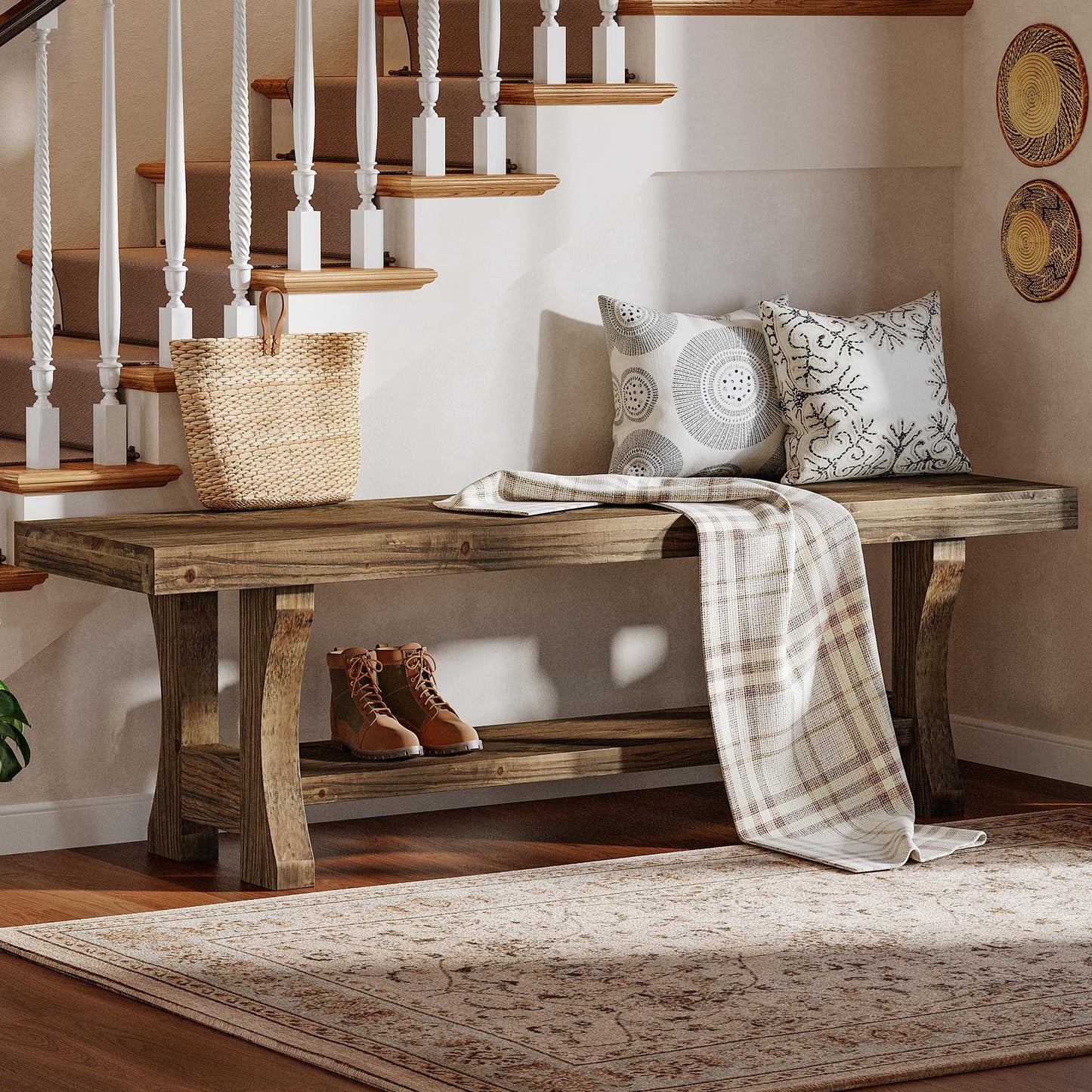 Solid Wood Entryway Bench, 55" End of Bed Bench, Long Indoor Dining Seat for Hallway, Bedroom, Living Room, Dining Room, Easy Assembly, Brown