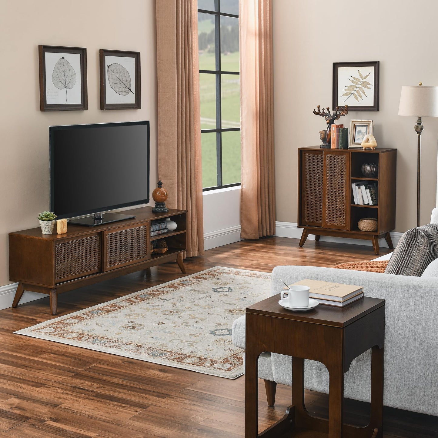 LKTART Mid Century Modern Rattan TV Stand for 65 Inch TV,59" Boho Media Console with Sliding Doors & Open Shelves,Solid Wood Legs for Living Room,Light Walnut