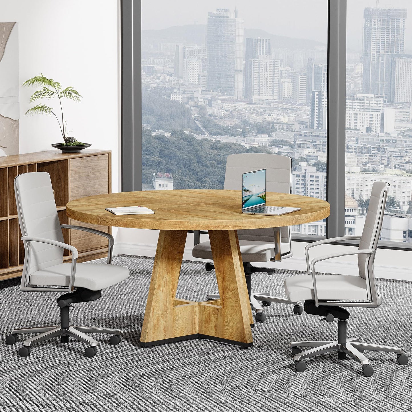 Tribesigns 47-Inch Round Conference Table for 4-6 People, Wooden Meeting Room Table with Thicken Tabletop and Wood Base (Grey)