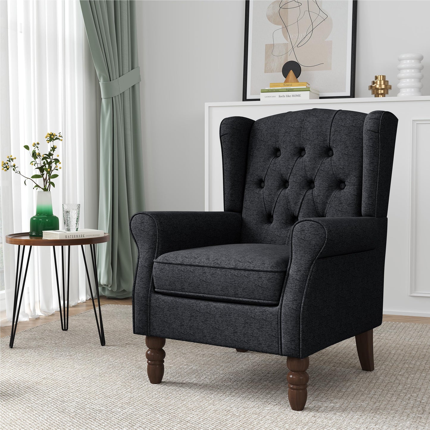 Faux Leather Wingback Chairs Set of 2, High Back Accent Chair for Living Room, Button-Tufted Upholstered Armchair with Solid Wood Legs, Comfy Reading Chair for Bedroom, Brown