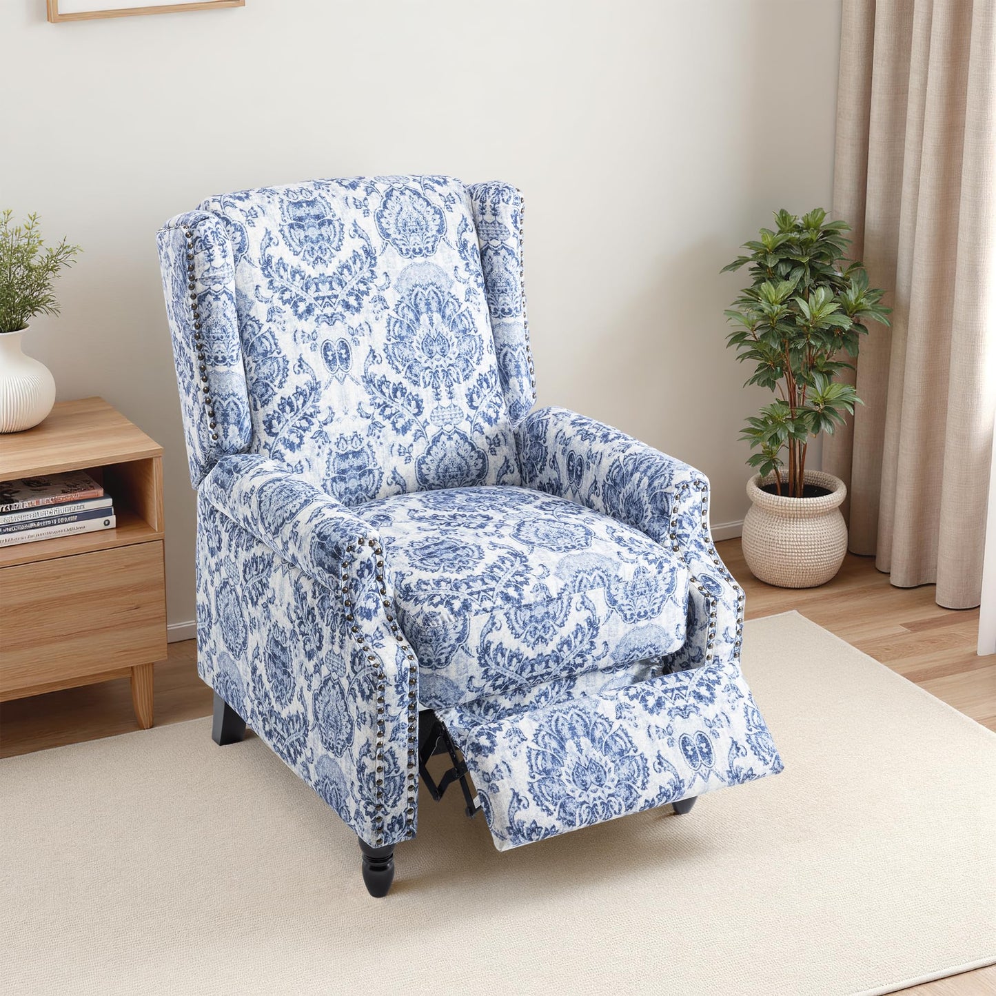 Pushback Recliner Chair, Printed Fabric Wingback Recliner Chair for Living Room, Upholstered Armchair Push Back Recliner with Wood Legs, Rivet Trim Wingback Accent Chair for Bedroom, Navy