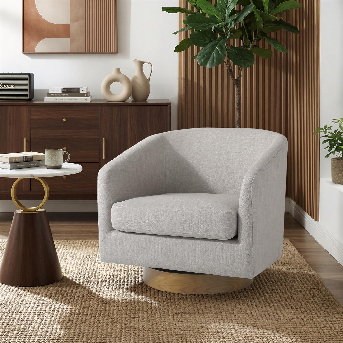 Swivel Barrel Chairs Set of 2, 31" W Modern Faux Leather Round Swivel Accent Chair for Living Room, 360° Rotation Upholstered Armchair Club Chair for Bedroom, Reading Room, Office (Brown)