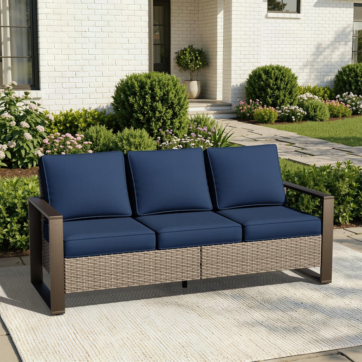 Joyside Outdoor Patio Wicker Sofa, 3-Seater Rattan Sofa with Thick Olefin Cushions and Metal Steel Rectangular Framed Armrest -Looking Metal Armrest Suitable for Garden, Backyard, Porch, Deck