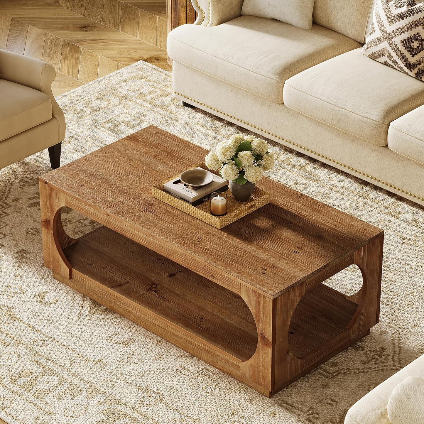 Solid Wood Coffee Table, 47.2" Farmhouse Wooden Center Tables with Storage for Living Room, 2-Tier Rectangular Cocktail Tea Table for Apartment, Home Office