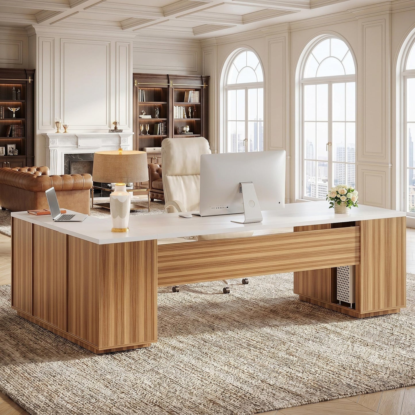 Tribesigns 85.8-Inch L-Shaped Executive Desk with File Drawers, Door Cabinet & Shelves, Extra Large Commercial Office Desk, Modern Professional Office Table, Business Furniture, Warm Brown & Black