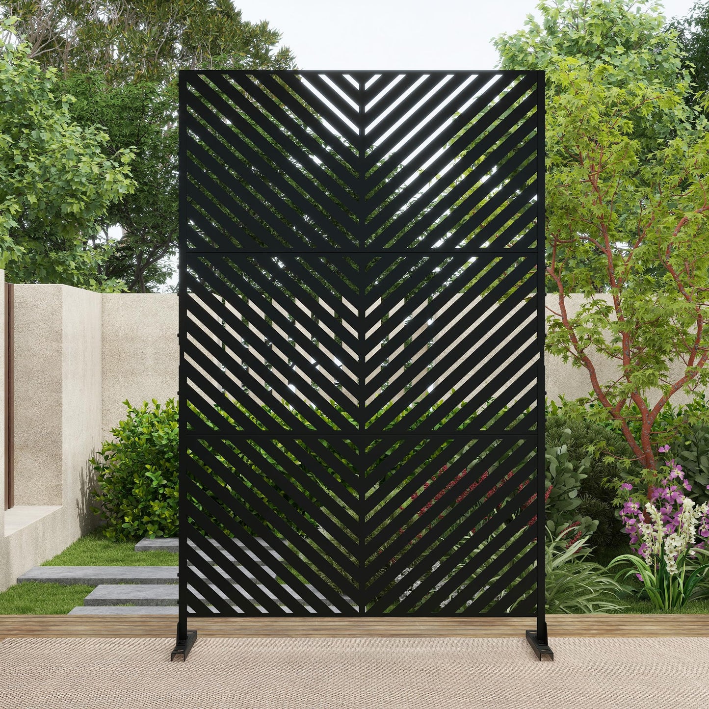 Outdoor Metal Privacy Screen with Stand, 72" H x 47" W Freestanding Outdoor Patio Divider, Decorative Patio Privacy Fence Panel for Garden Backyard Balcony Porch (Brown-Crossbanding)