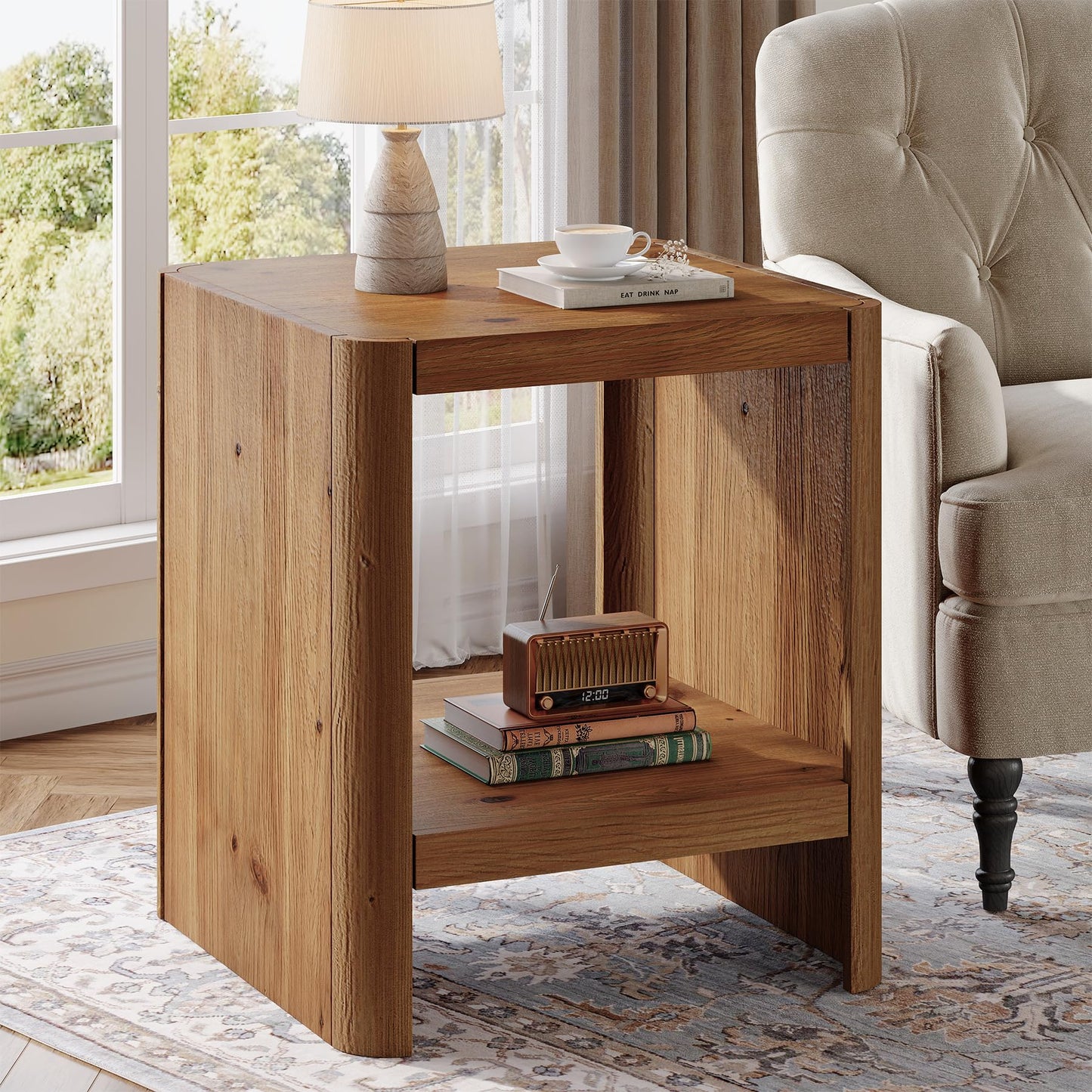 Solid Wood End Table, 2-Tier Small Side Table with Open Storage Shelf, Rustic Nightstand for Living Room, Bedroom, or Small Spaces, Easy Assembly (2, Natural Wood)