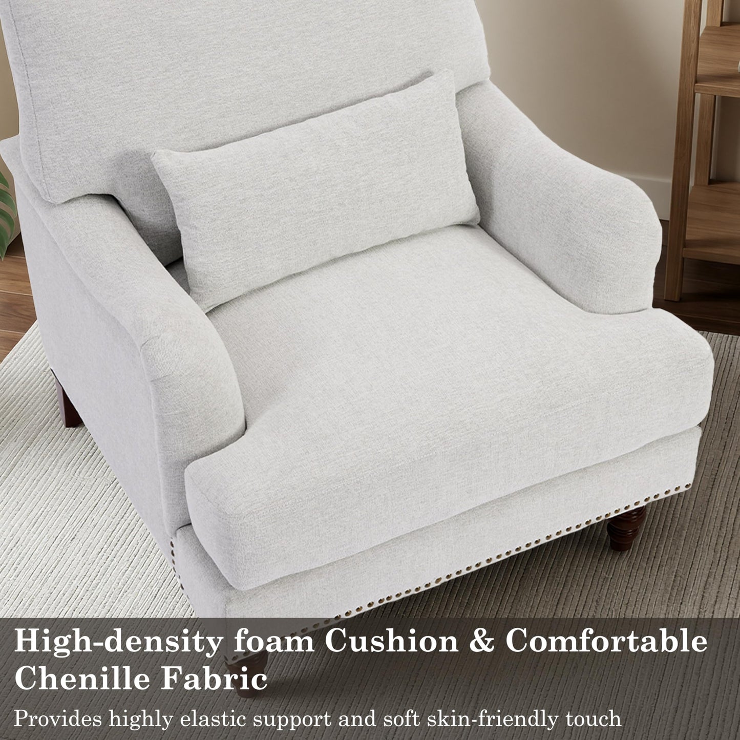 Accent Chair for Living Room, Upholstered Armchair with Nailhead Trim & Solid Wood Legs, Mid Century Modern Club Chair for Bedroom/Reading Room, Rococo Green