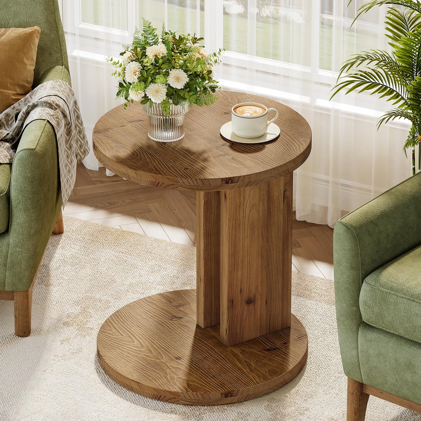 Solid Wood End Table, C-Shaped Round Side Table for Sofa and Bedside, Farmhouse Accent Furniture for Living Room, Bedroom, Easy Assembly (1, Brown)
