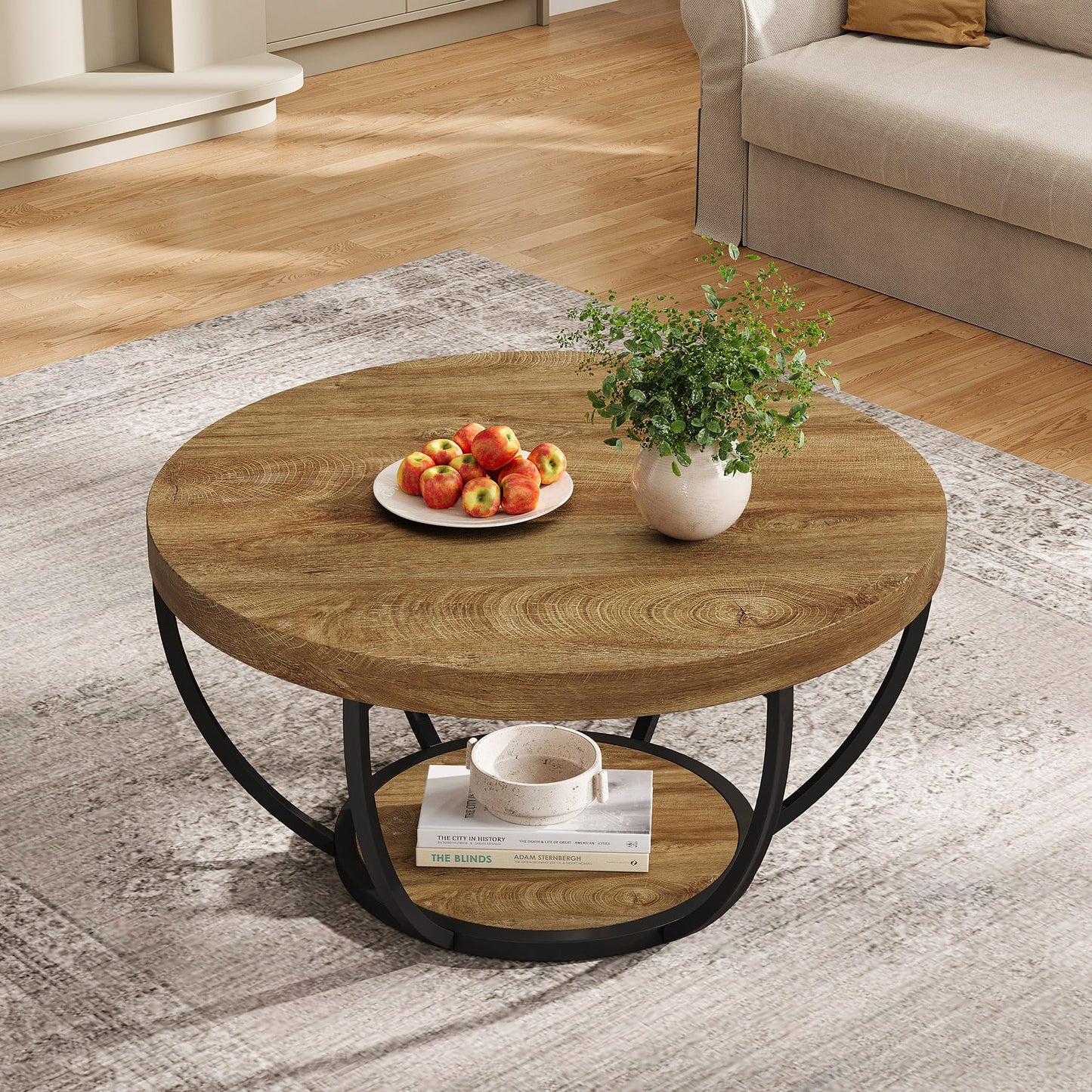 Tribesigns Round Coffee Table, 31.7" Wooden 2-Tier Circle Coffee Table with Storage Shelves, Modern Accent Cocktail Table Center Table for Living Room, Grey