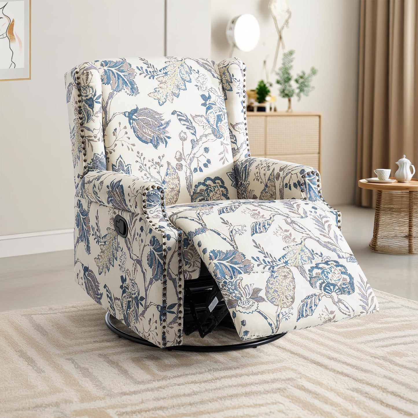 Swivel Rocker Recliner Chair, 360° Swivel Wingback Recliner Chairs for Adults, Upholstered Printed Fabric Glider Rocking Chair with High Back, Deep Seat for Living Romm Bedroom, Bird