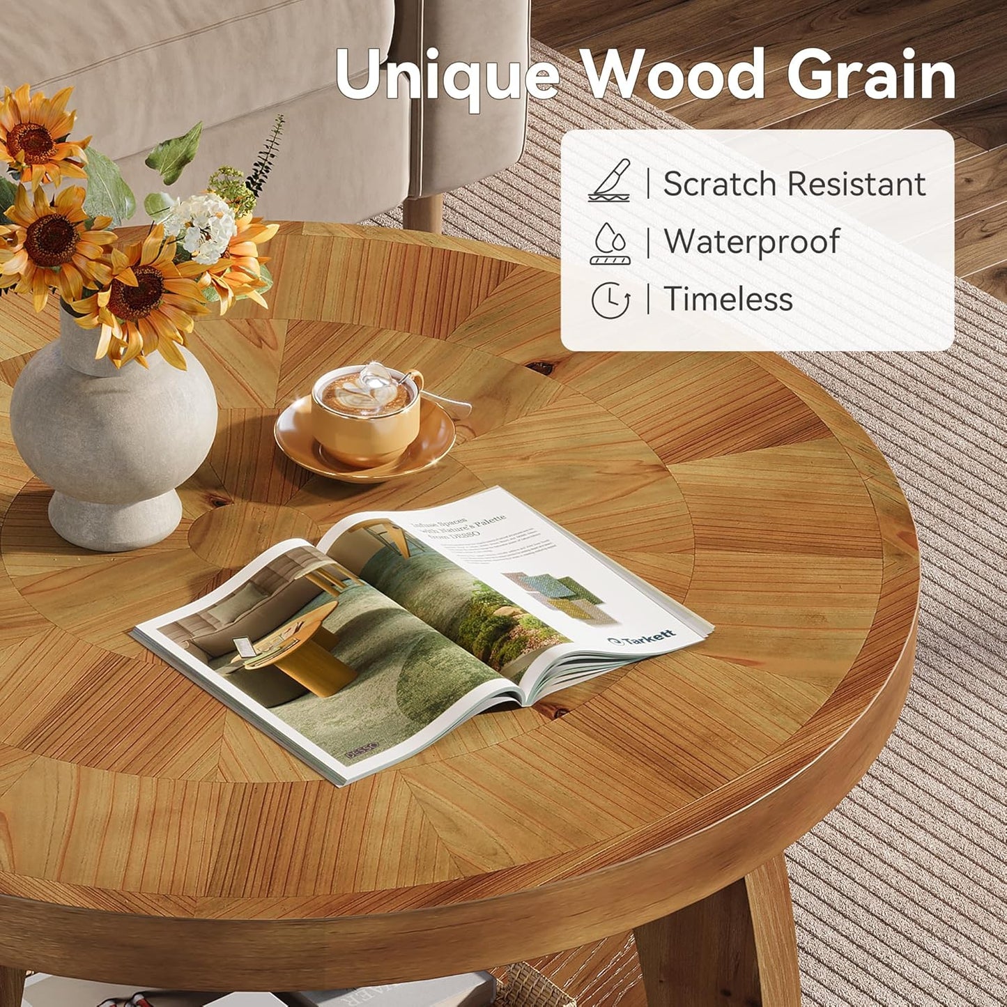 Solid Wood Round Coffee Table, 2-Tier Center Table with Storage, 31.5 Inch Wood Tabletop with Mosaic Pattern, Easy Assembly, for Living Room, Brown