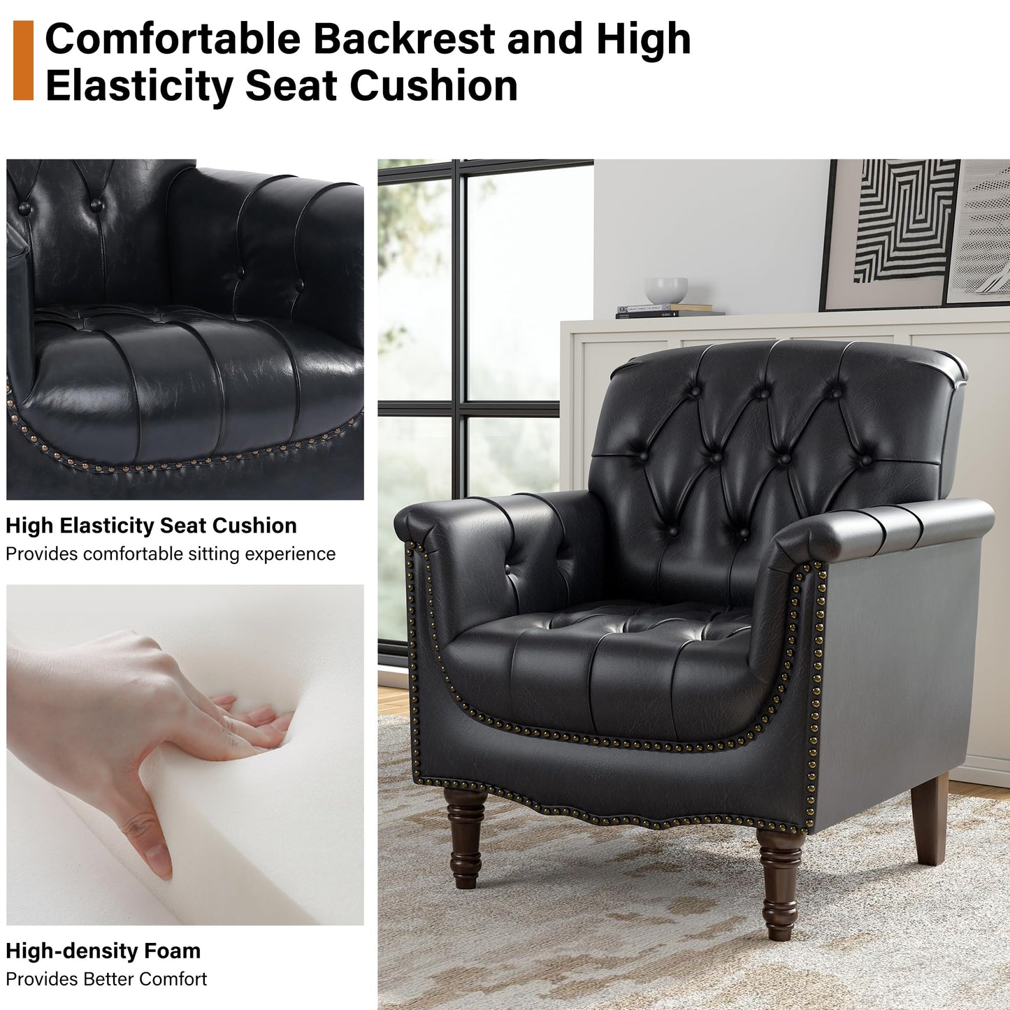 Faux Leather Club Chair, Retro Upholstered Armchair Accent Chair with Solid Wood Legs & Nailhead Trim for Living Room, Bedroom, Reading Room, Camel