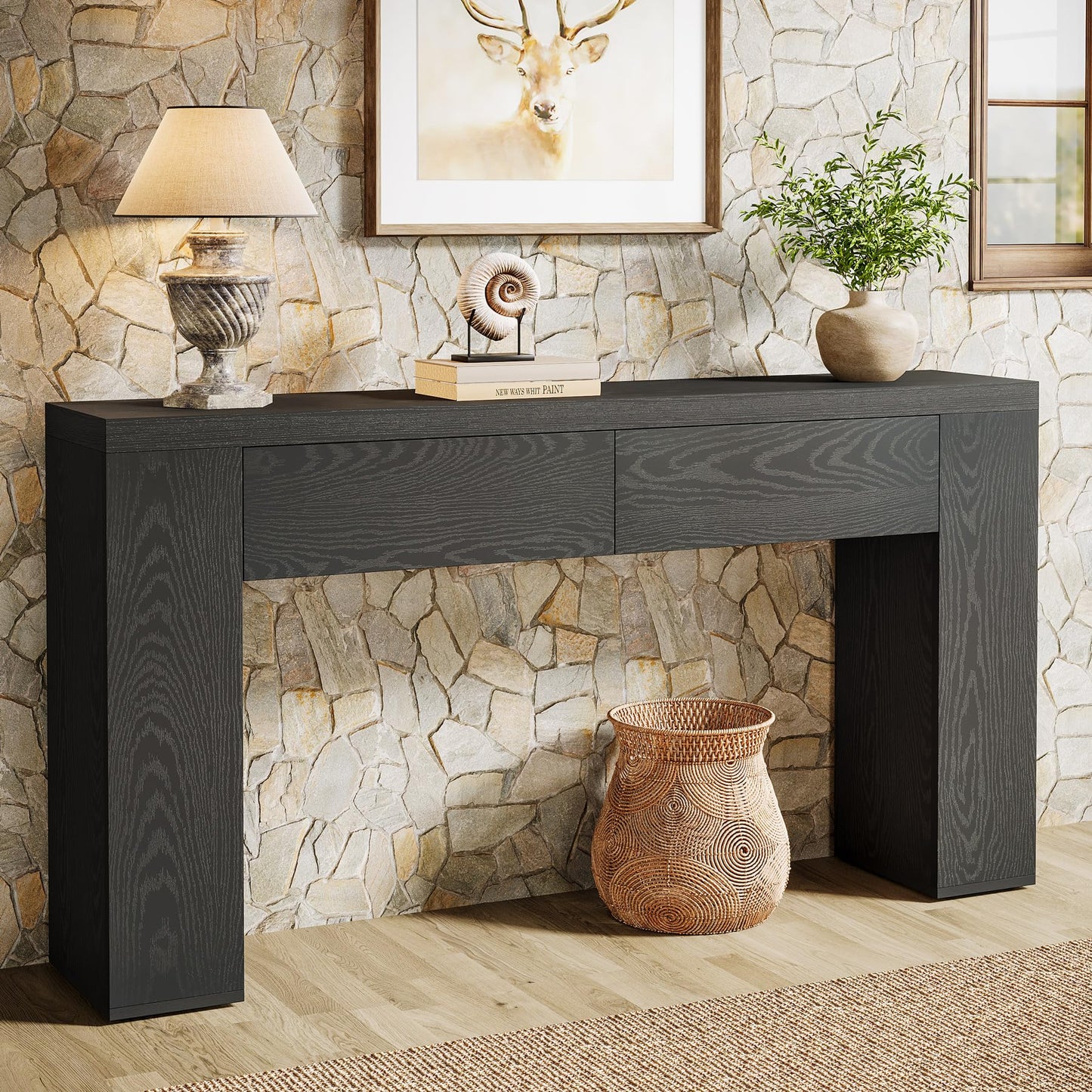 Tribesigns 63-Inch Wooden Console Table with 2 Hidden Drawers, Farmhouse Rustic Brown Sofa Table for Living Room, Hallway, Entrance, Foyer, Easy Assembly (Brown)