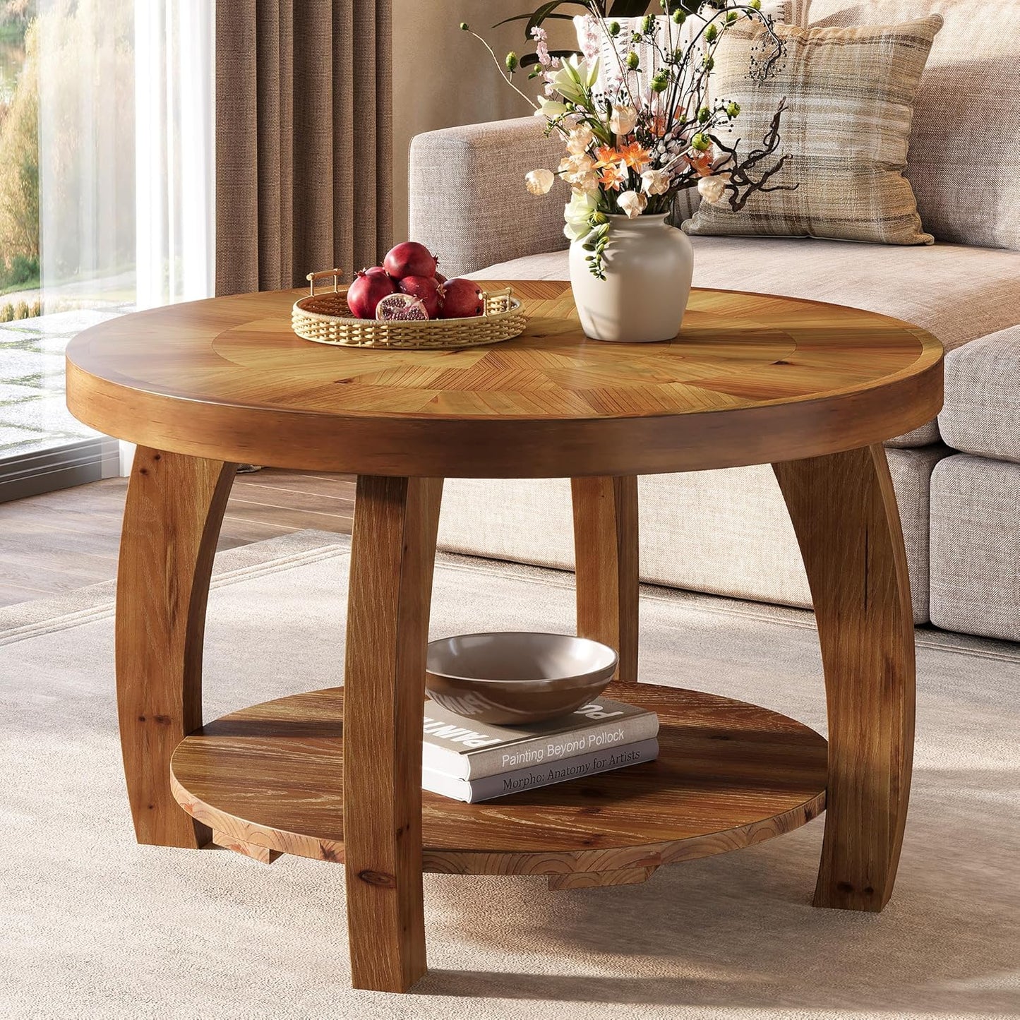 Solid Wood Round Coffee Table, 2-Tier Center Table with Storage, 31.5 Inch Wood Tabletop with Mosaic Pattern, Easy Assembly, for Living Room, Brown