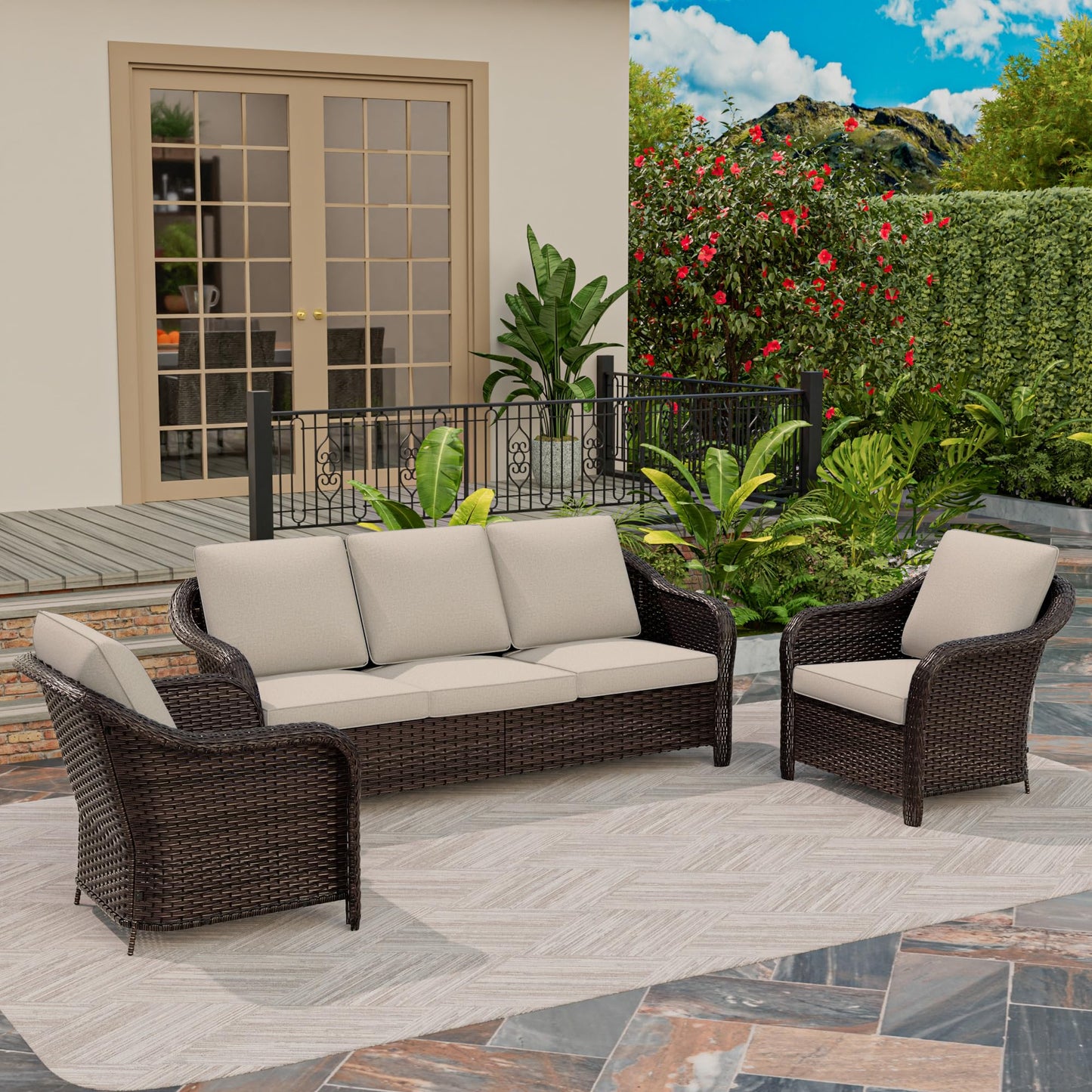 55 inch Outdoor Wicker 2 Seater Sofa, All-Weather Use Patio Rattan Loveseat with Seat and Back Cushion, Ideal for Porch, Backyard, Balcony, Poolside, Blue