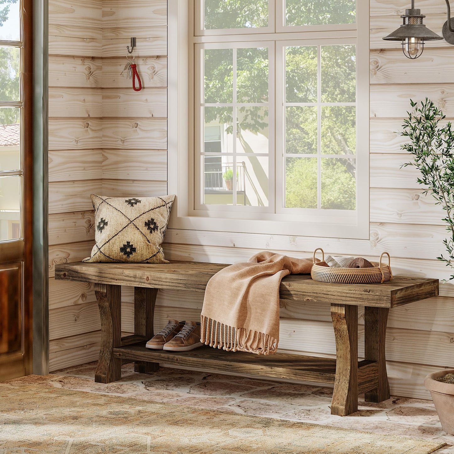 Solid Wood Entryway Bench, 55" End of Bed Bench, Long Indoor Dining Seat for Hallway, Bedroom, Living Room, Dining Room, Easy Assembly, Brown