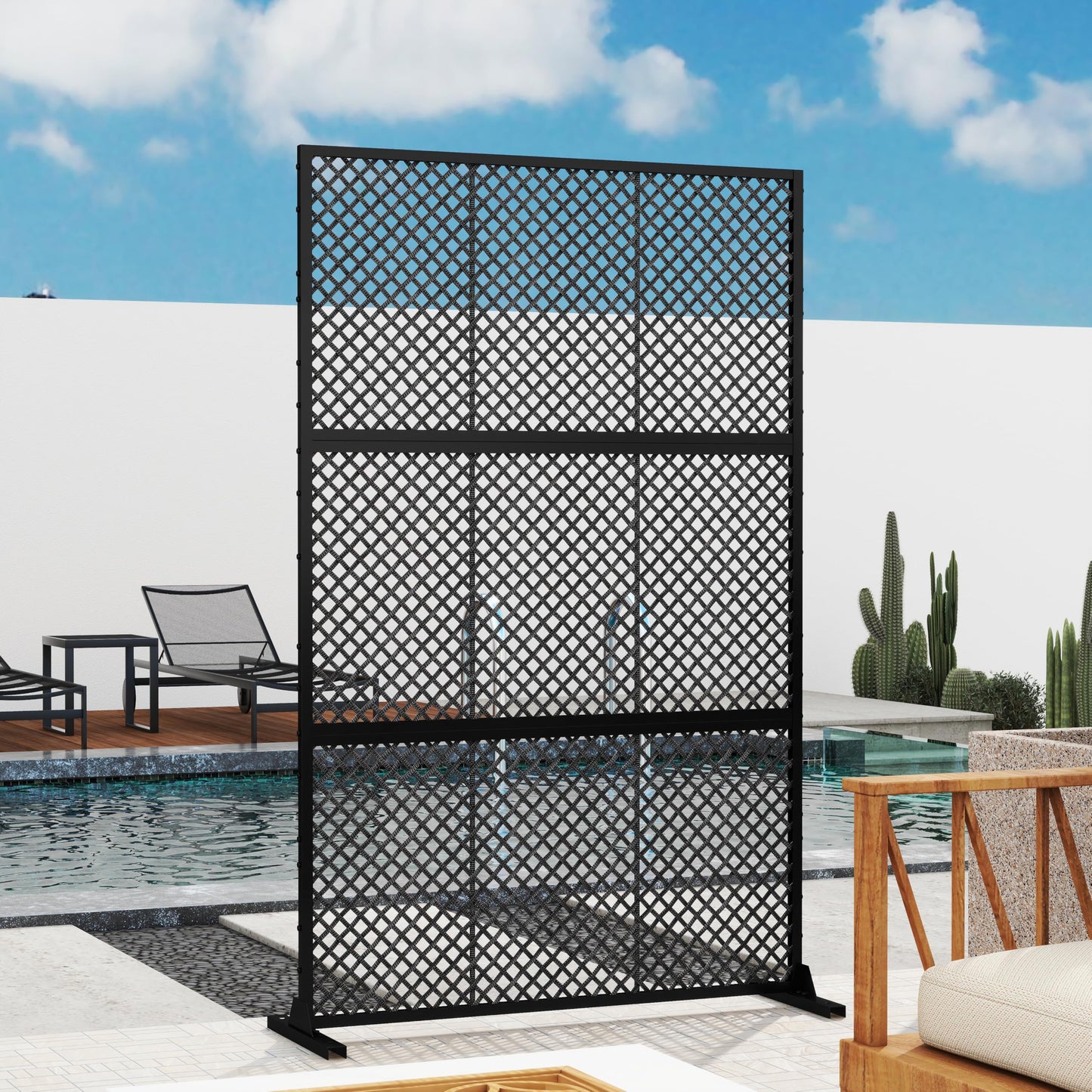 Outdoor Metal Privacy Screen with Stand, 72" H x 47" W Freestanding Outdoor Patio Divider, Decorative Patio Privacy Fence Panel for Garden Backyard Balcony Porch (Brown-Crossbanding)